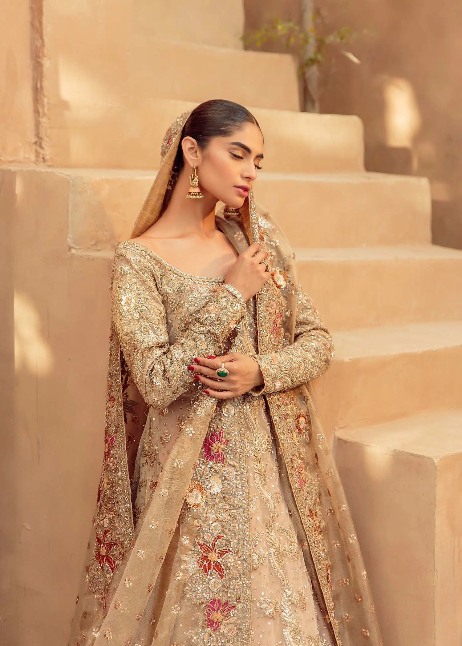 Pakistani Salmon Sage Embellished Net Silk Bridal Gown (2-Piece) - Image 2