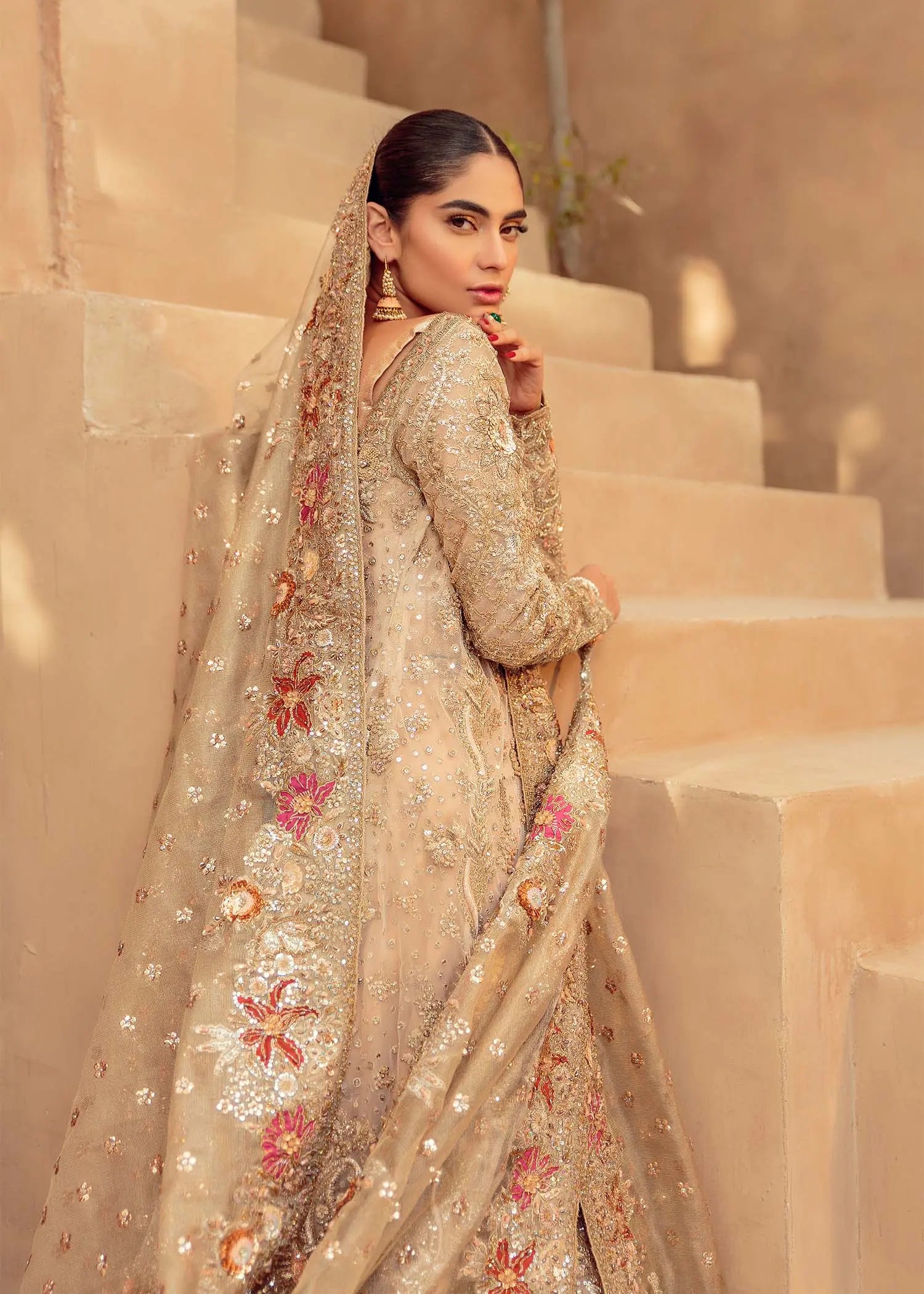 Pakistani Salmon Sage Embellished Net Silk Bridal Gown (2-Piece) - Image 3