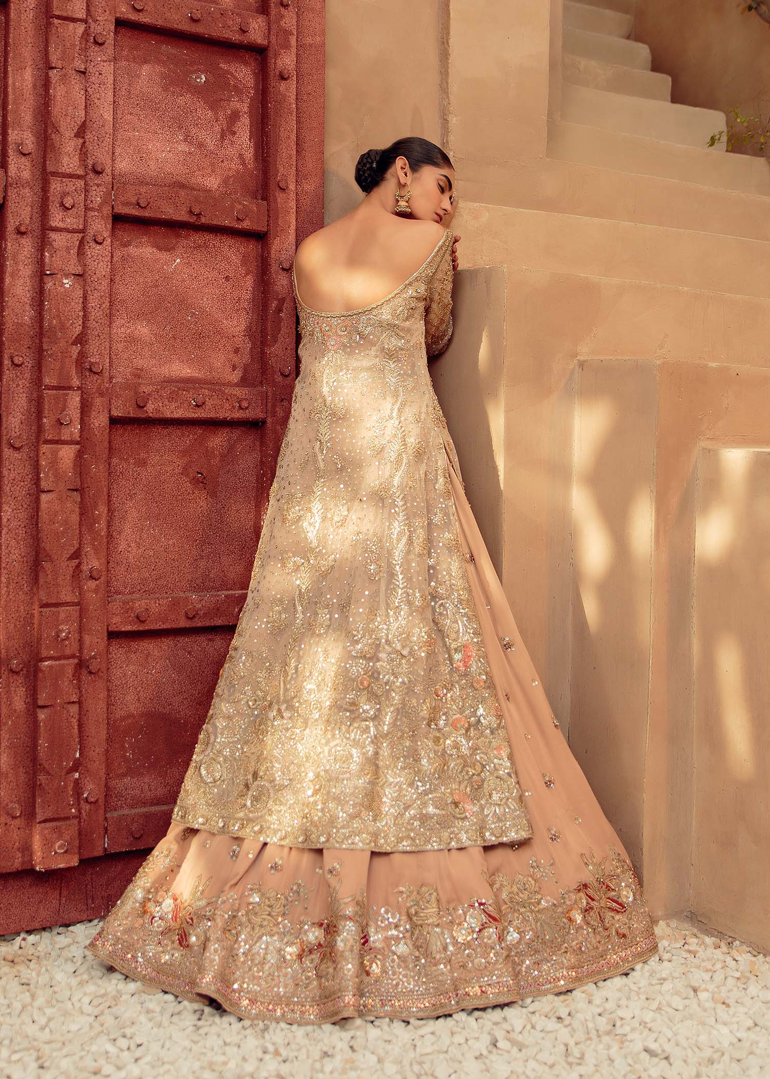 Pakistani Salmon Sage Embellished Net Silk Bridal Gown (2-Piece) - Image 5