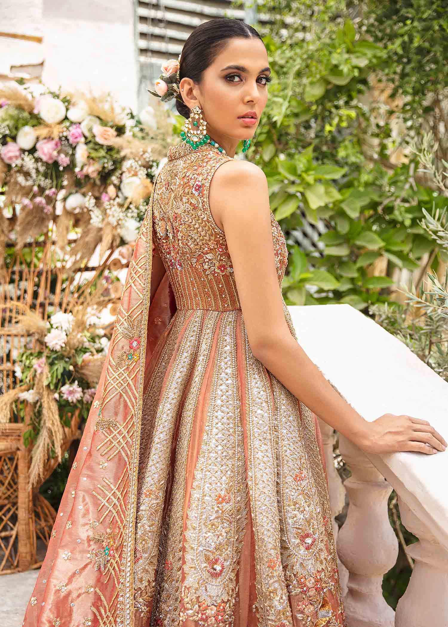 Pakistani Peach-Pink Embellished Silk-Blend Bridal Gown (2-Piece) - Image 4