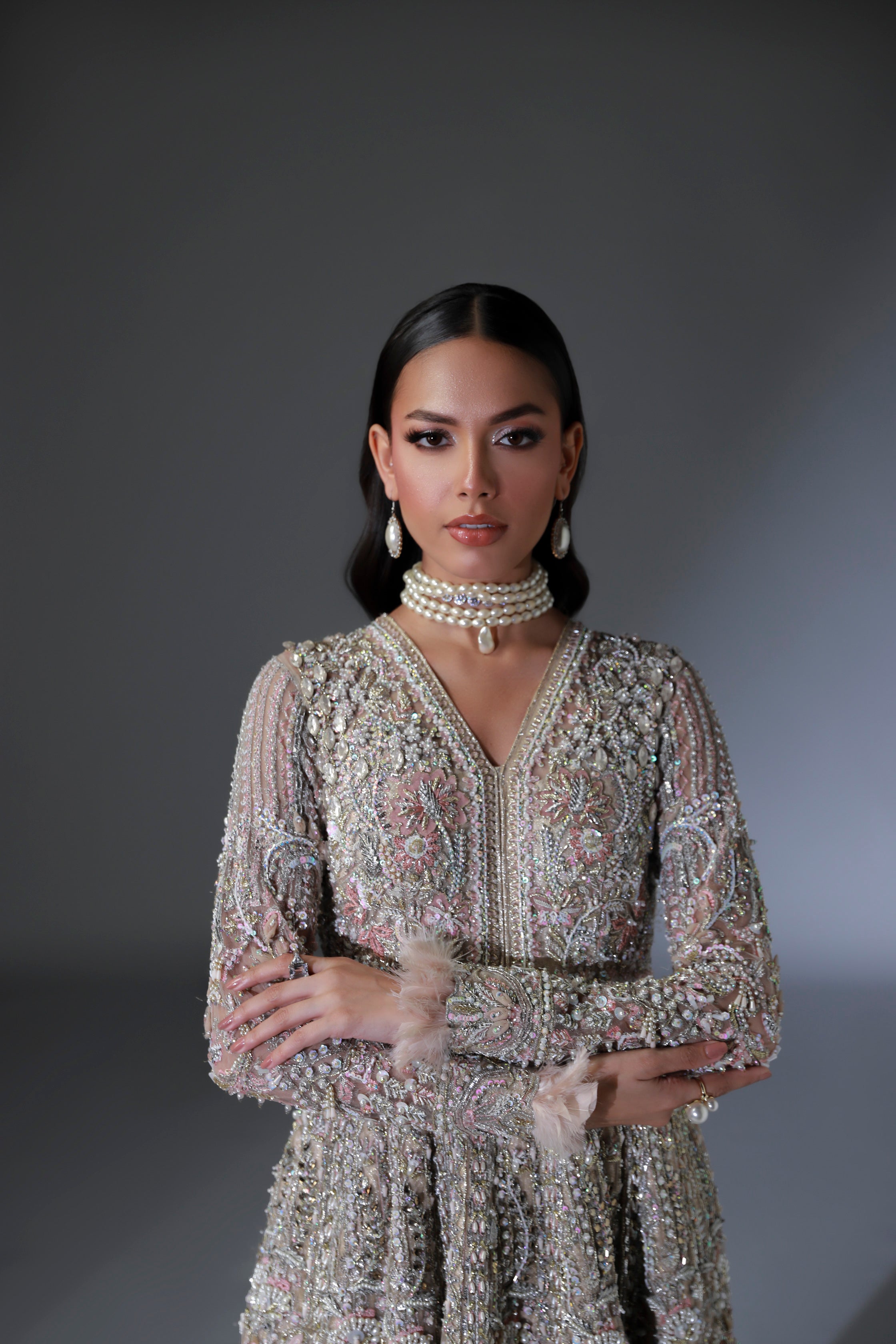 Subtle Pink Embellished Net Silk Bridal Gown (2-Piece) - Image 10