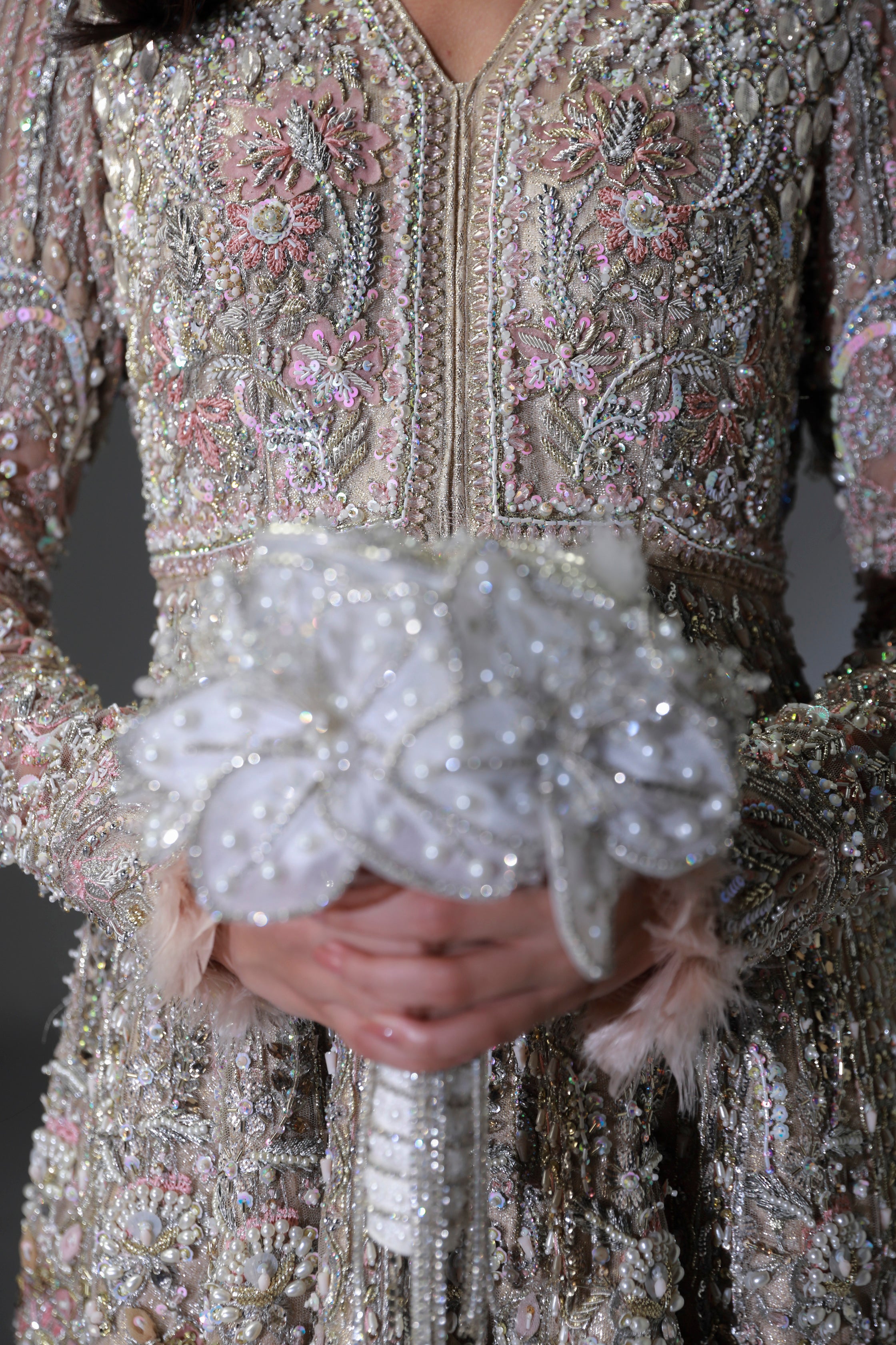 Subtle Pink Embellished Net Silk Bridal Gown (2-Piece) - Image 12