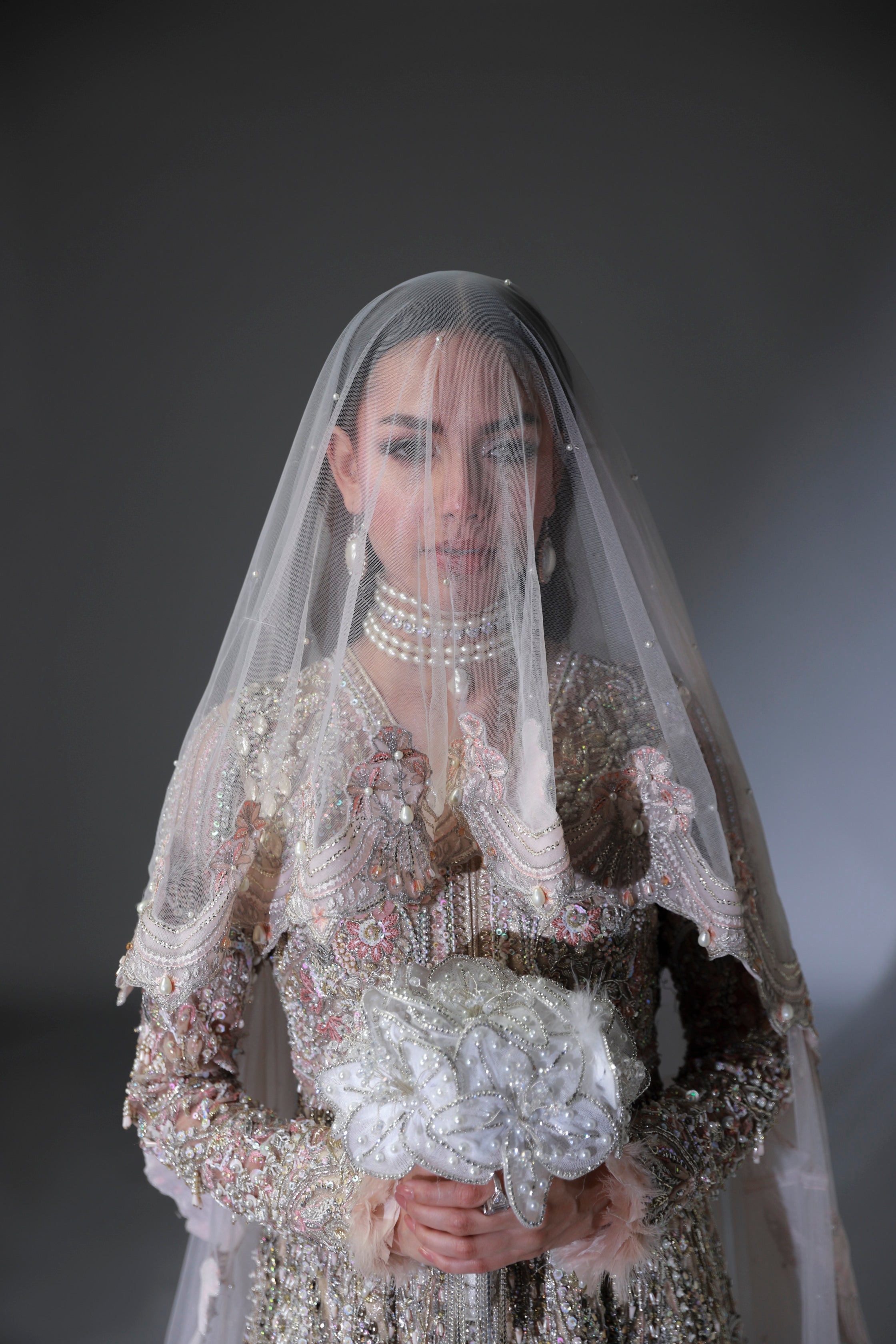 Subtle Pink Embellished Net Silk Bridal Gown (2-Piece) - Image 6