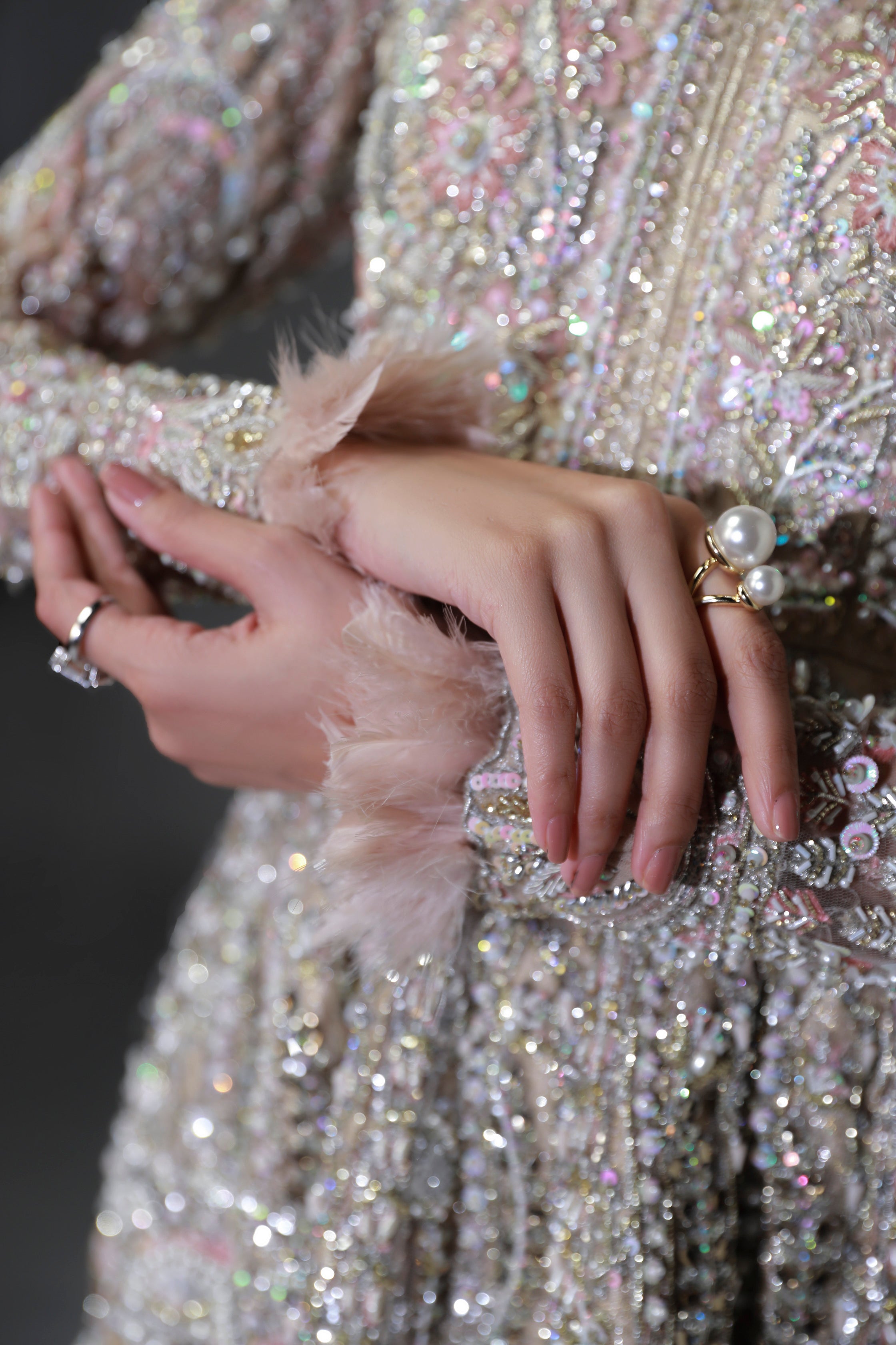 Subtle Pink Embellished Net Silk Bridal Gown (2-Piece) - Image 7