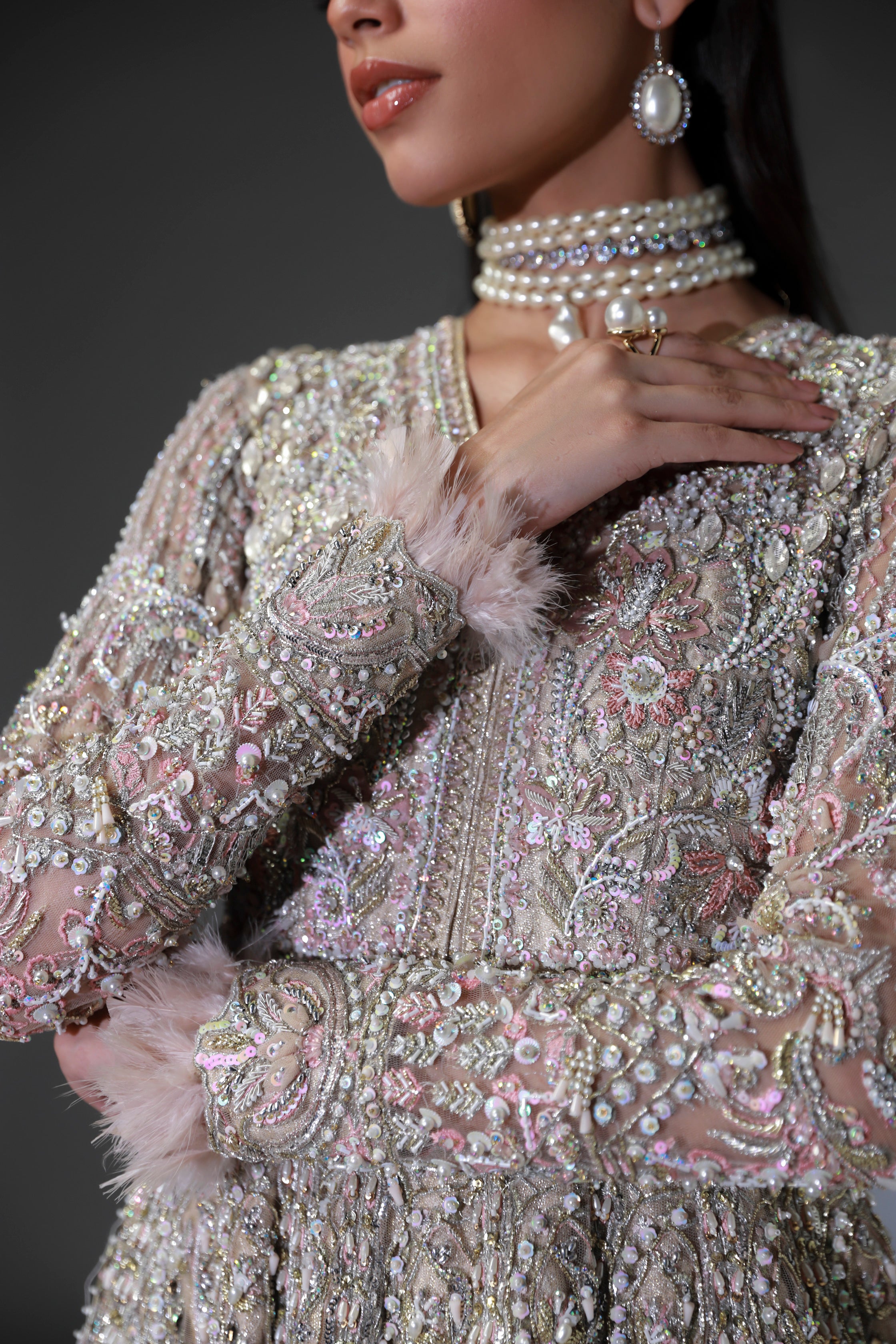 Subtle Pink Embellished Net Silk Bridal Gown (2-Piece) - Image 8