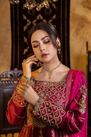 Pakistani Deep Pink Embroidered Silk Gown (2-Piece) - Image 3
