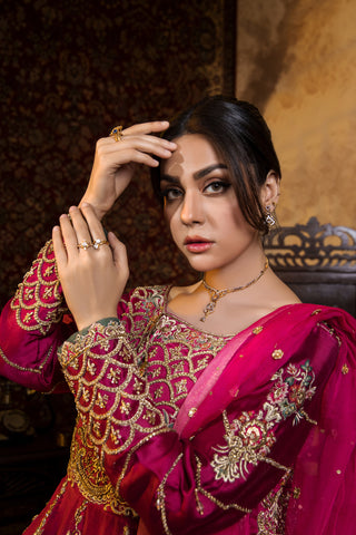Pakistani Deep Pink Embroidered Silk Gown (2-Piece) - Image 4
