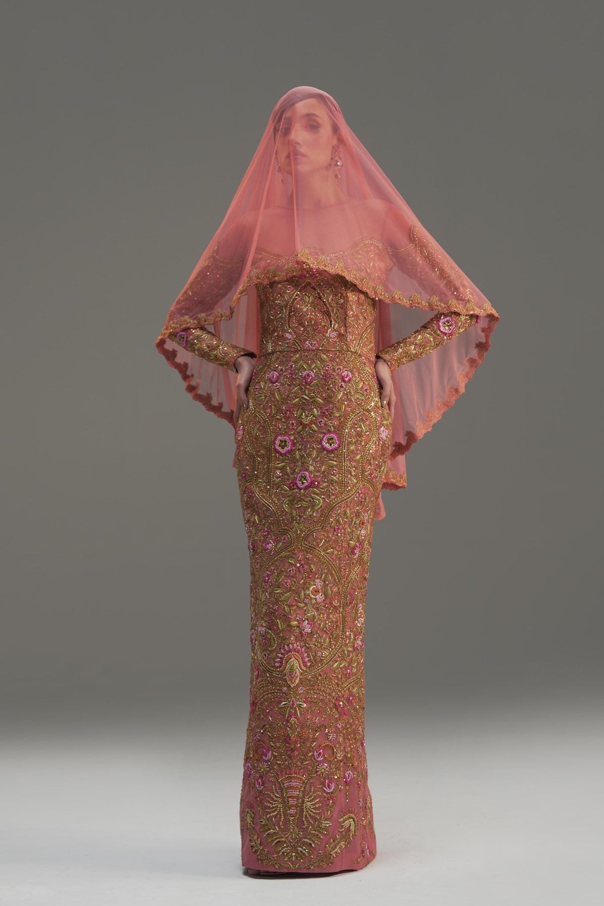 Rose Pink Embroidered Silk Satin Gown (2-Piece) - Image 1