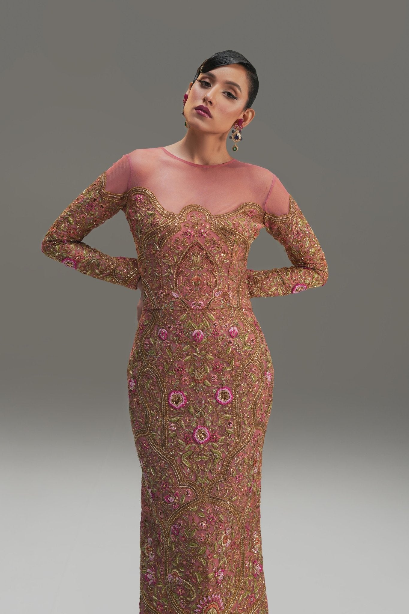 Rose Pink Embroidered Silk Satin Gown (2-Piece) - Image 5