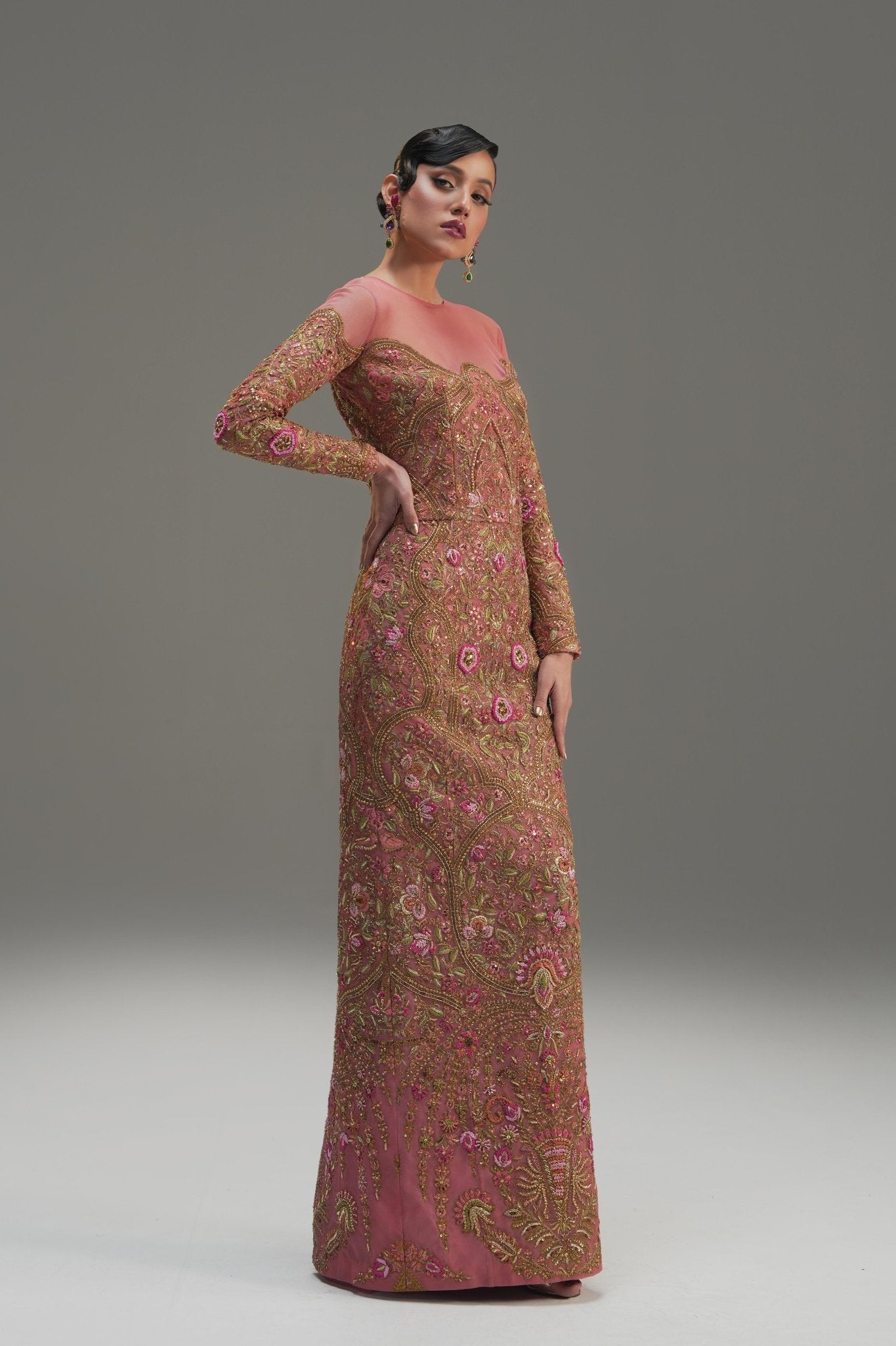 Rose Pink Embroidered Silk Satin Gown (2-Piece) - Image 6