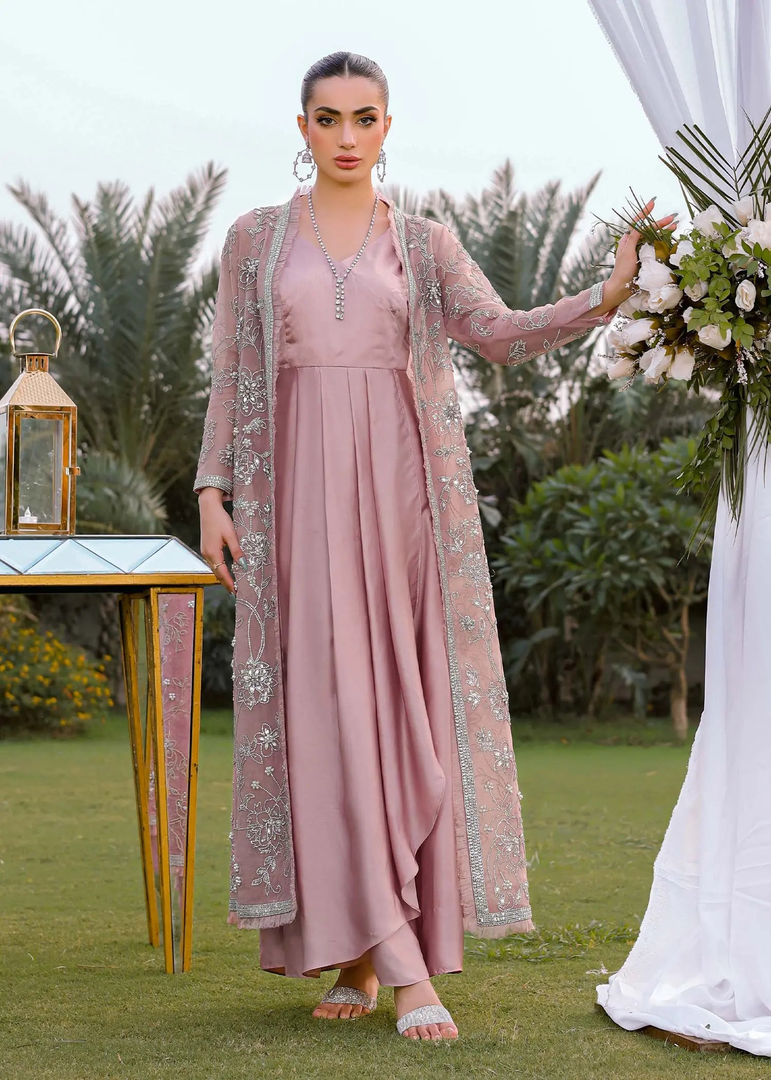 Dusty Pink Embroidered Organza Jacket Silk Gown (2-Piece) - Image 1