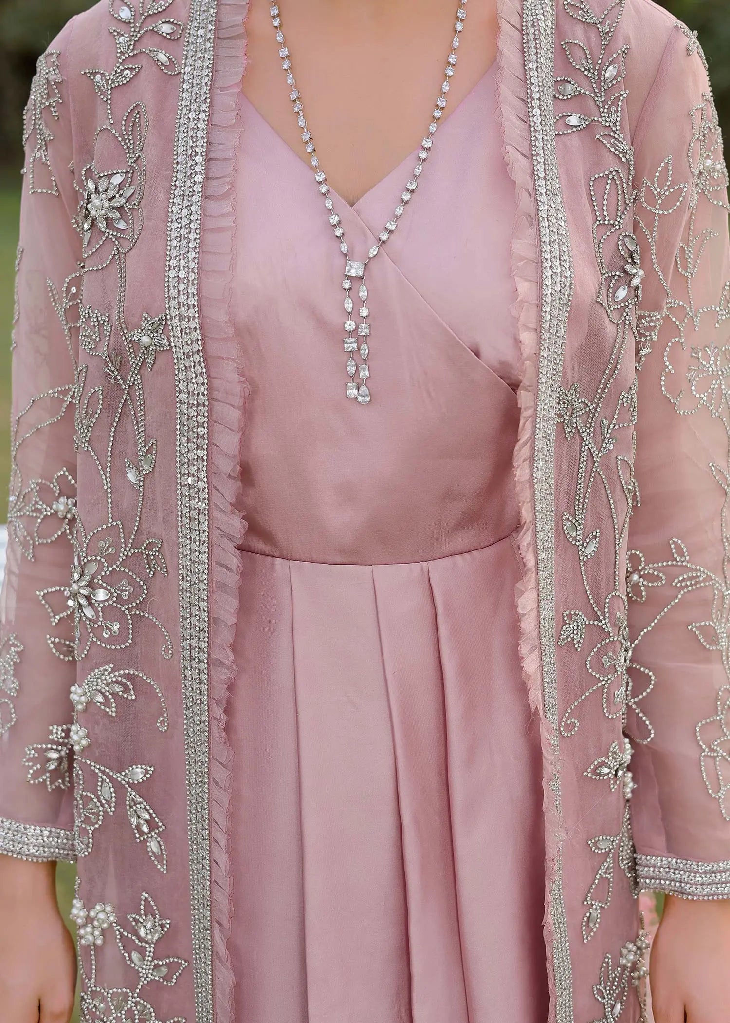 Dusty Pink Embroidered Organza Jacket Silk Gown (2-Piece) - Image 2