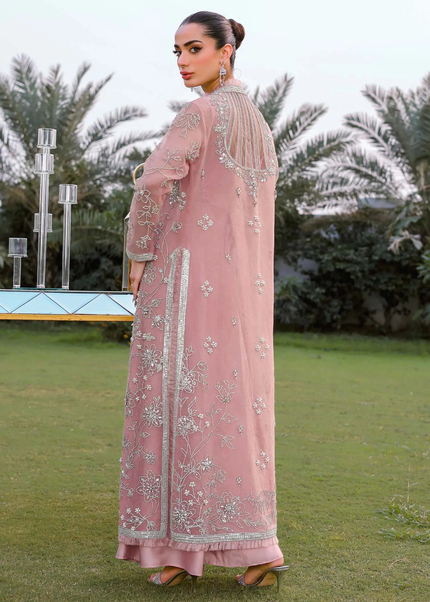 Dusty Pink Embroidered Organza Jacket Silk Gown (2-Piece) - Image 3