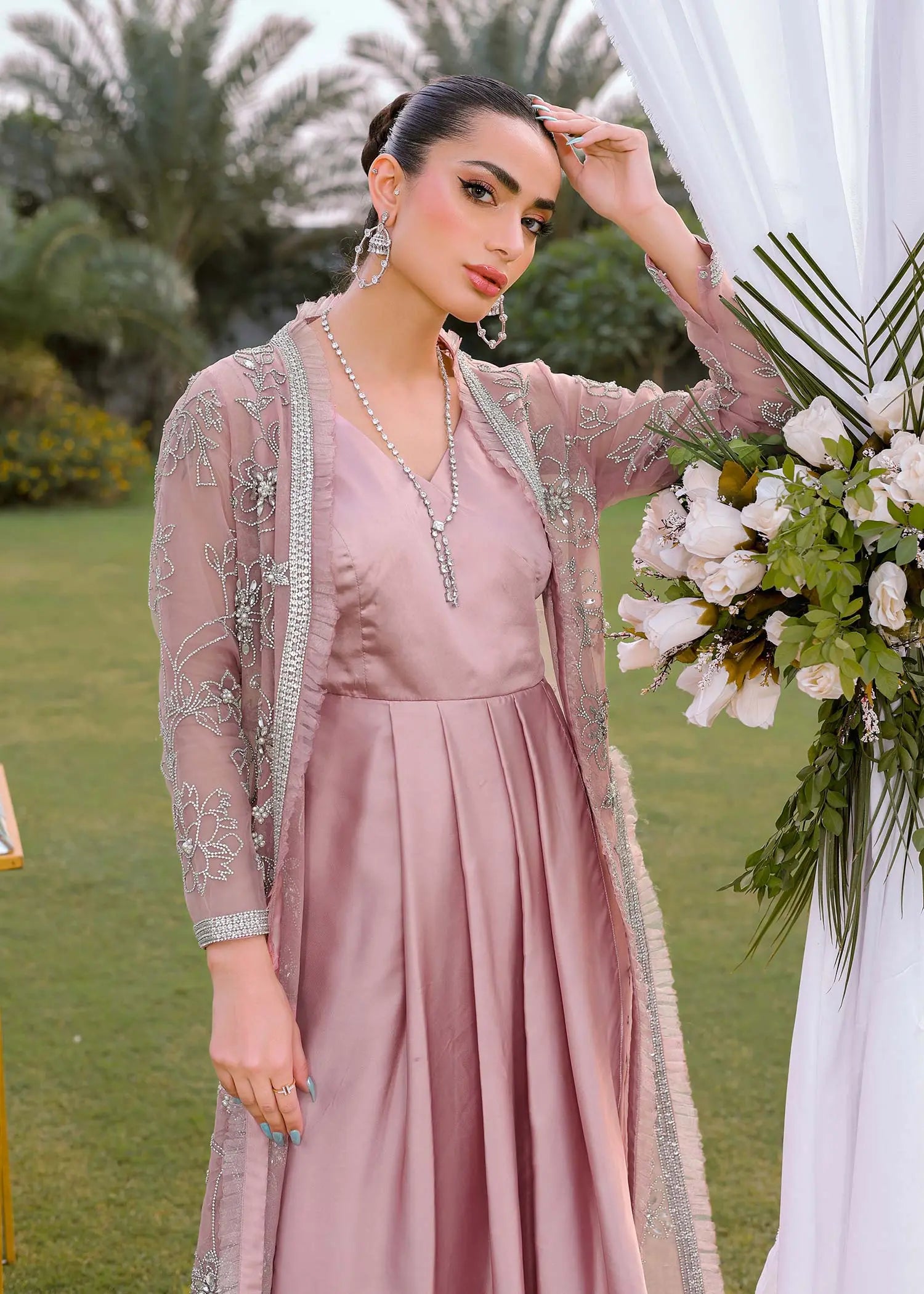 Dusty Pink Embroidered Organza Jacket Silk Gown (2-Piece) - Image 4