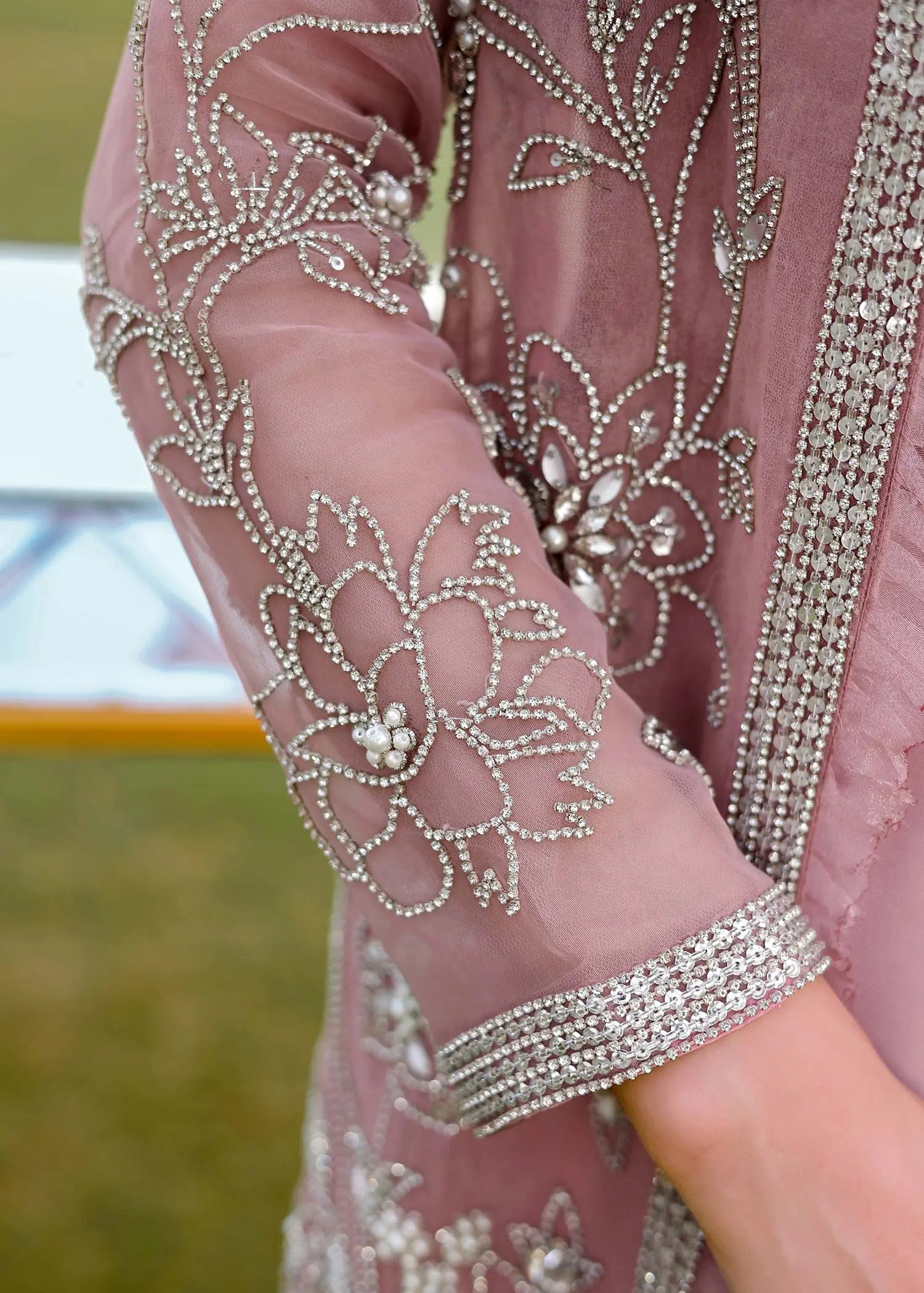 Dusty Pink Embroidered Organza Jacket Silk Gown (2-Piece) - Image 7