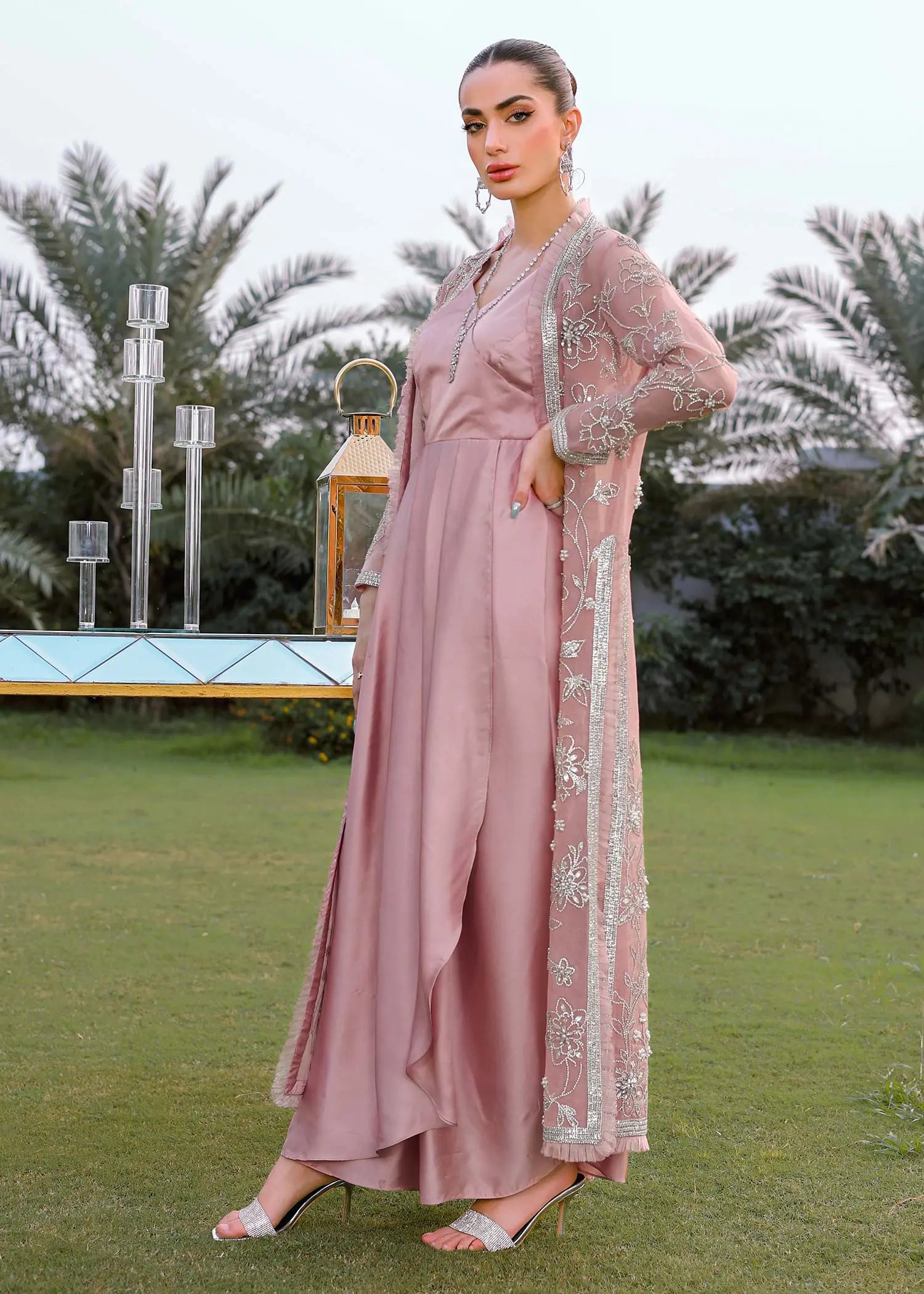 Dusty Pink Embroidered Organza Jacket Silk Gown (2-Piece) - Image 8