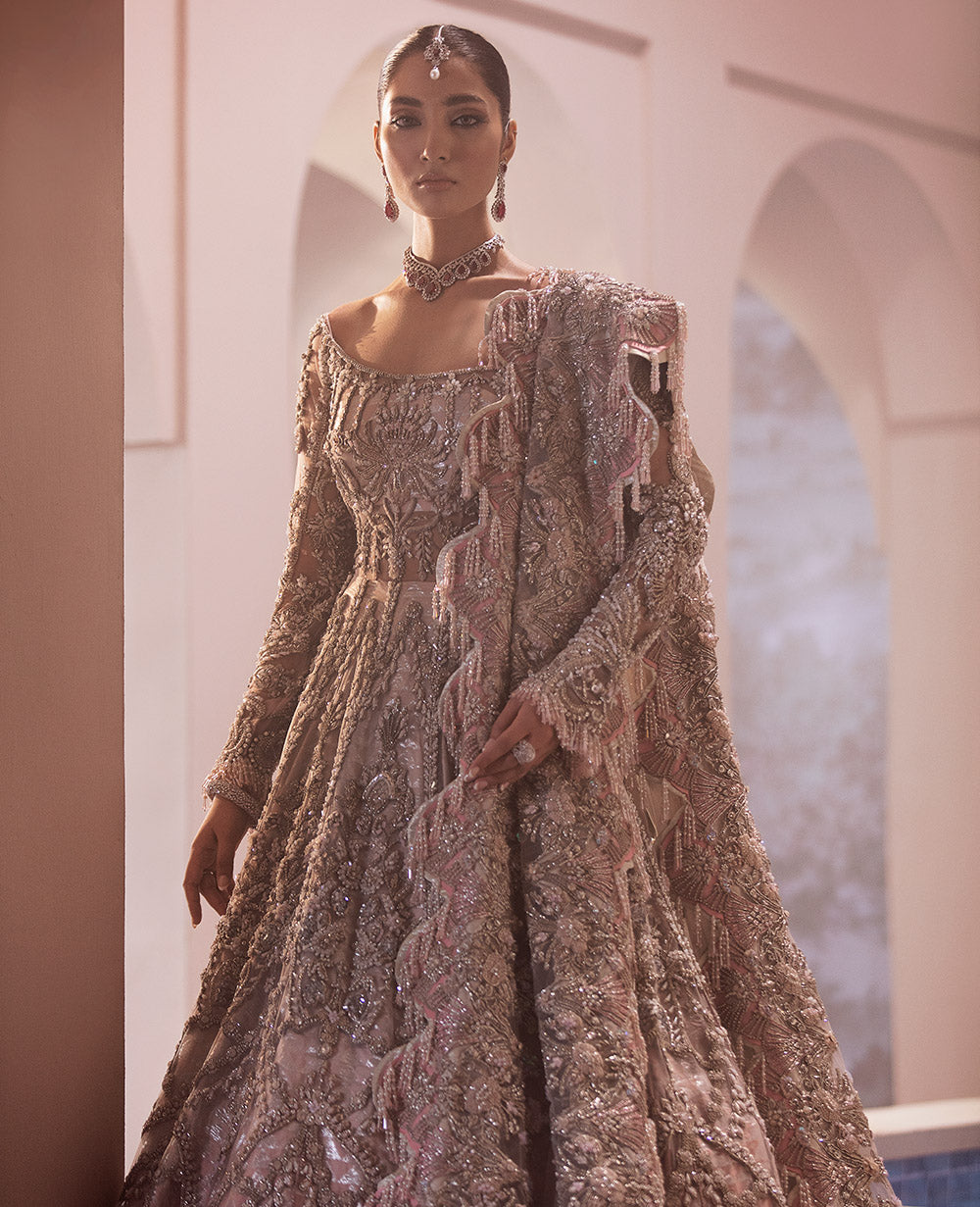 Dusty Pink Embellished Net Silk Bridal Gown (2-Piece) - Image 2