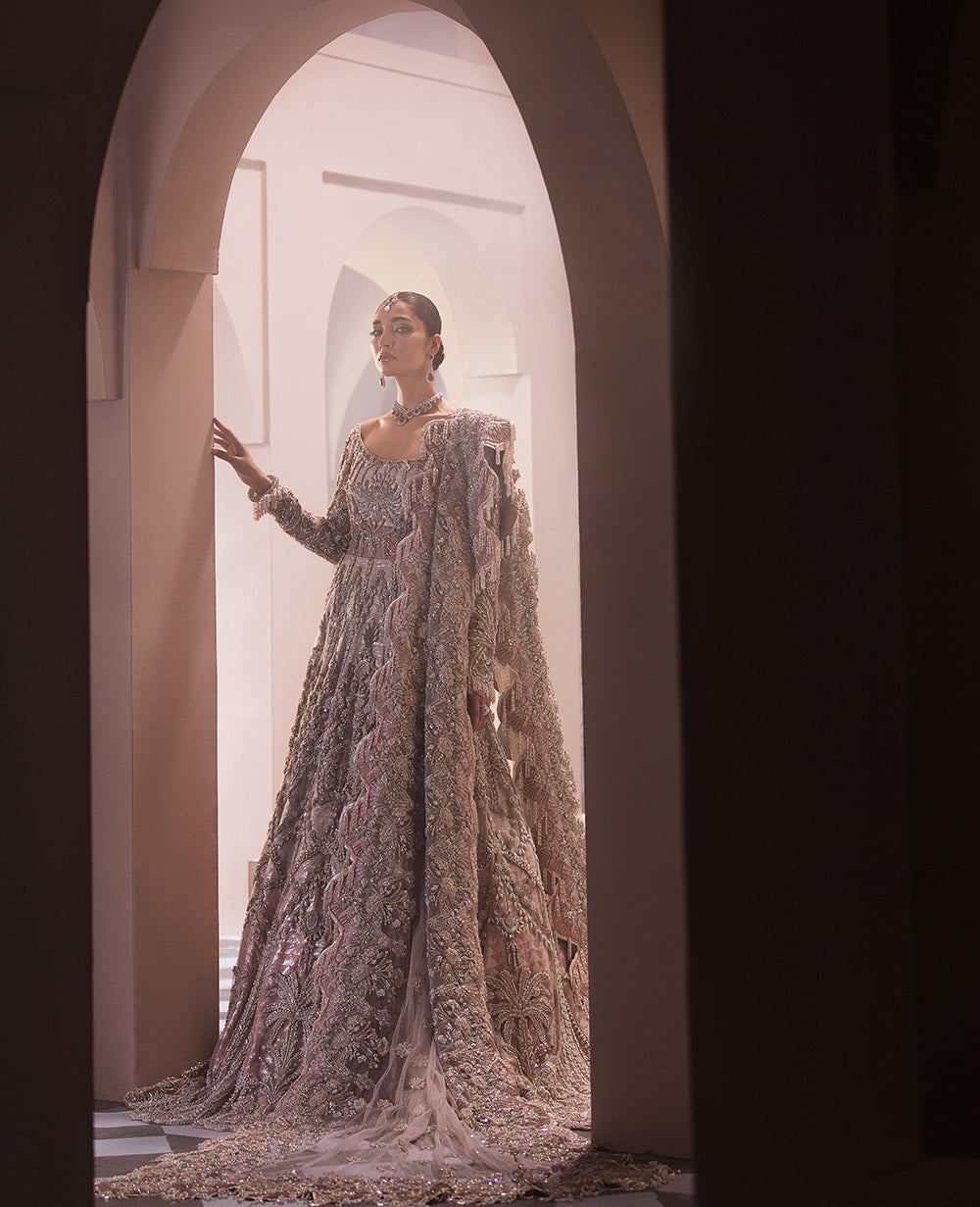 Dusty Pink Embellished Net Silk Bridal Gown (2-Piece) - Image 3