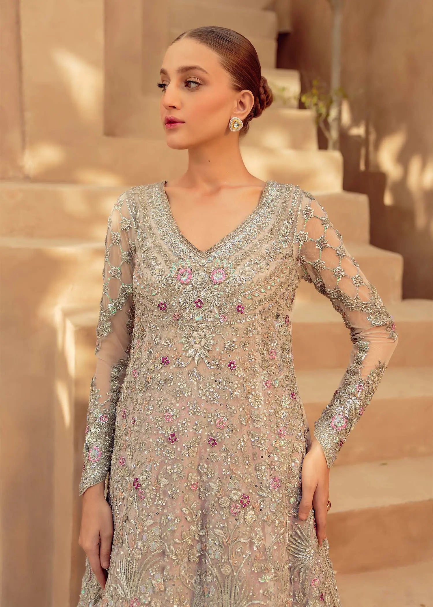 Frost Pink Embellished Net Silk Bridal Gown (2-Piece) - Image 2