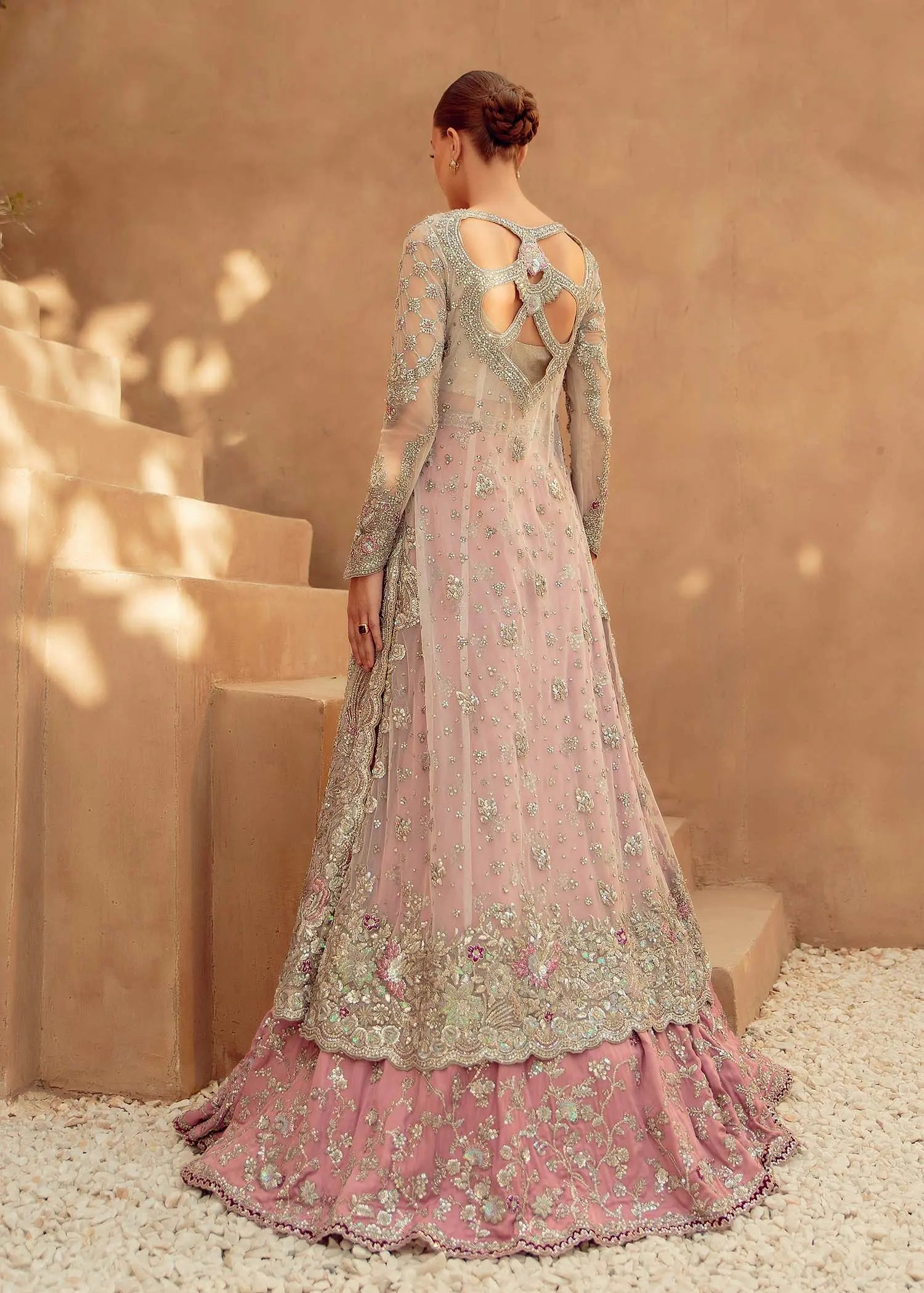 Frost Pink Embellished Net Silk Bridal Gown (2-Piece) - Image 4