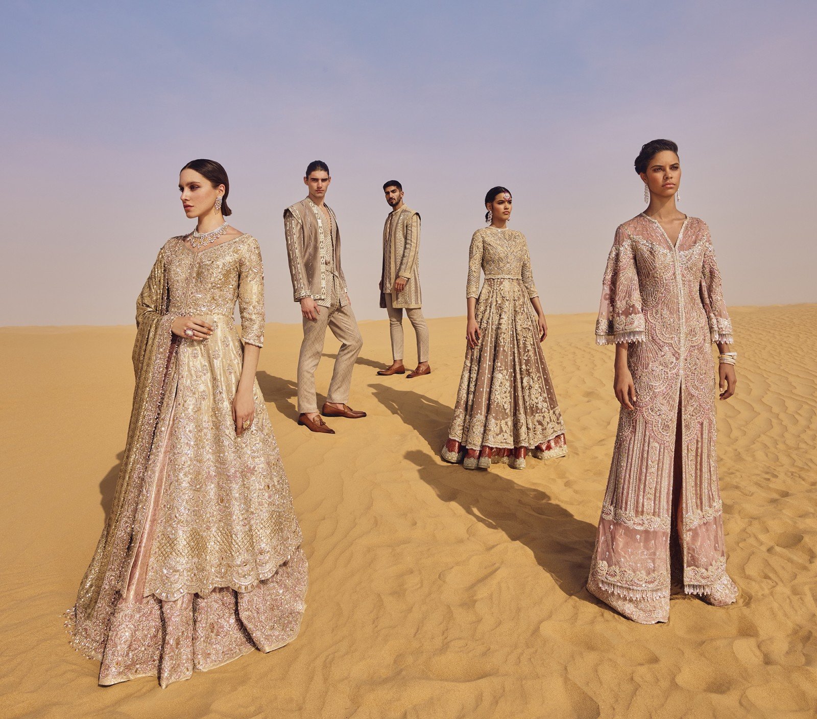 Pakistani Blush Gold Embroidered Silk Bridal Gown (2-Piece) - Image 1