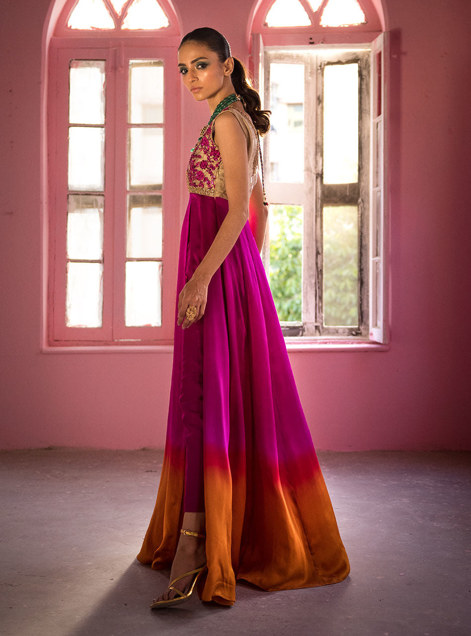 Fuchsia Amber Embroidered Silk Ombre Gown (2-Piece) - Image 10