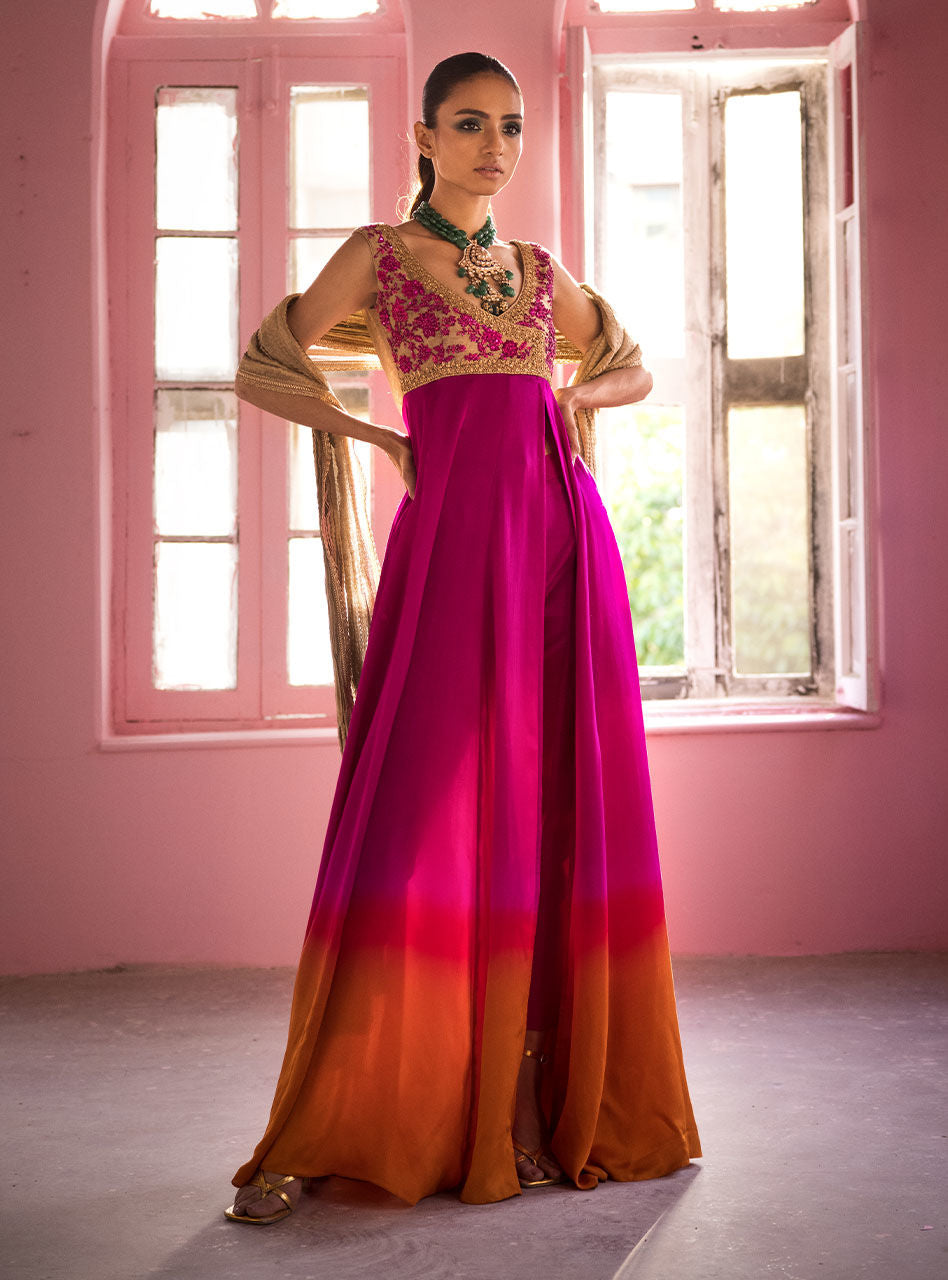 Fuchsia Amber Embroidered Silk Ombre Gown (2-Piece) - Image 2