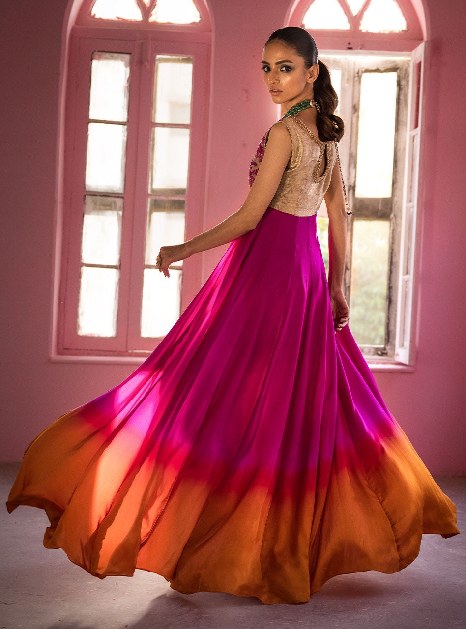 Fuchsia Amber Embroidered Silk Ombre Gown (2-Piece) - Image 3