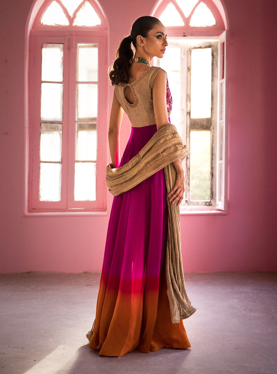 Fuchsia Amber Embroidered Silk Ombre Gown (2-Piece) - Image 4