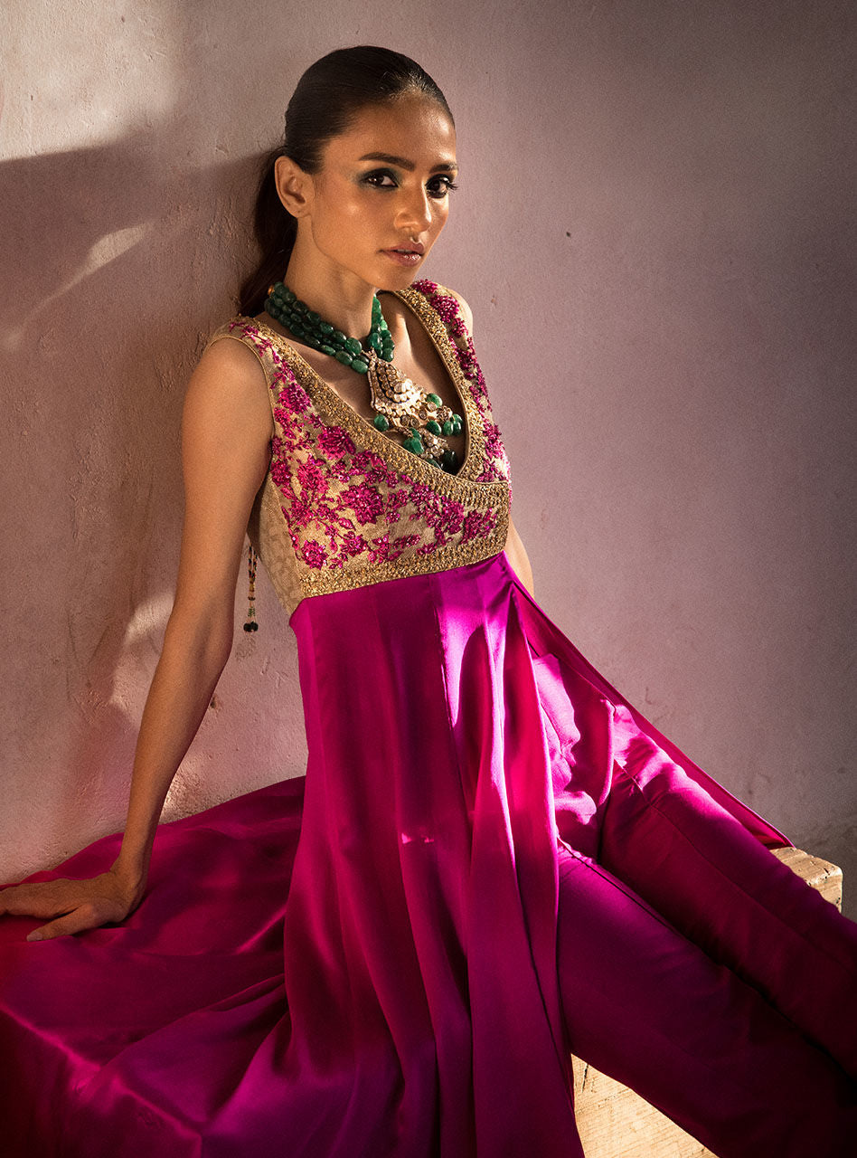 Fuchsia Amber Embroidered Silk Ombre Gown (2-Piece) - Image 5