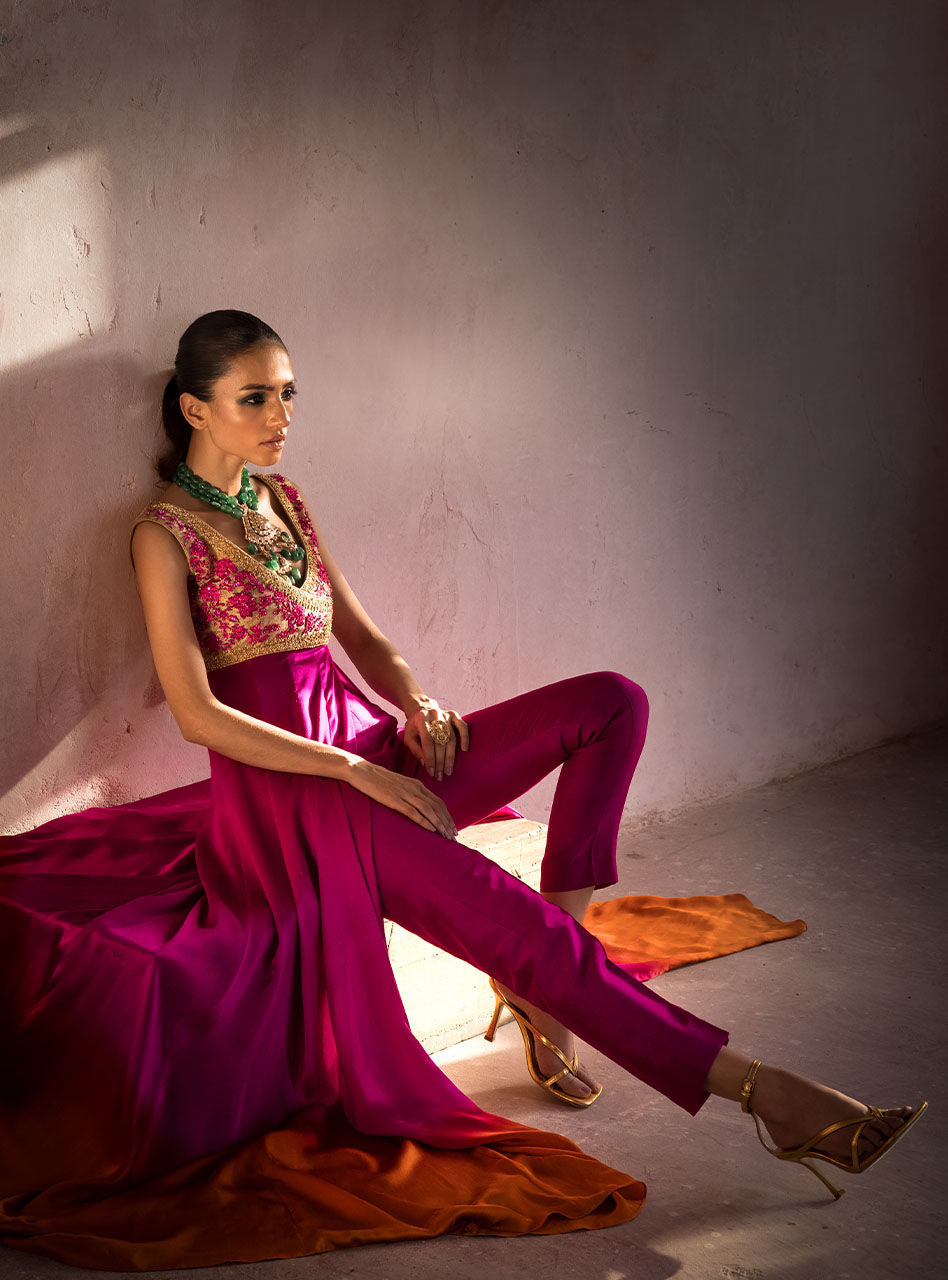 Fuchsia Amber Embroidered Silk Ombre Gown (2-Piece) - Image 7