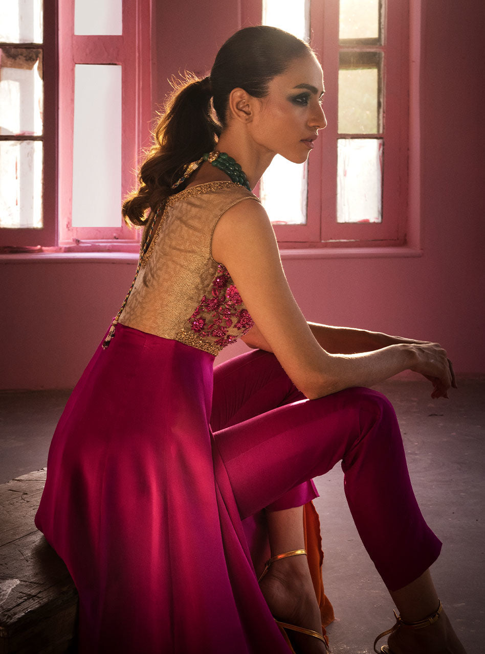 Fuchsia Amber Embroidered Silk Ombre Gown (2-Piece) - Image 8