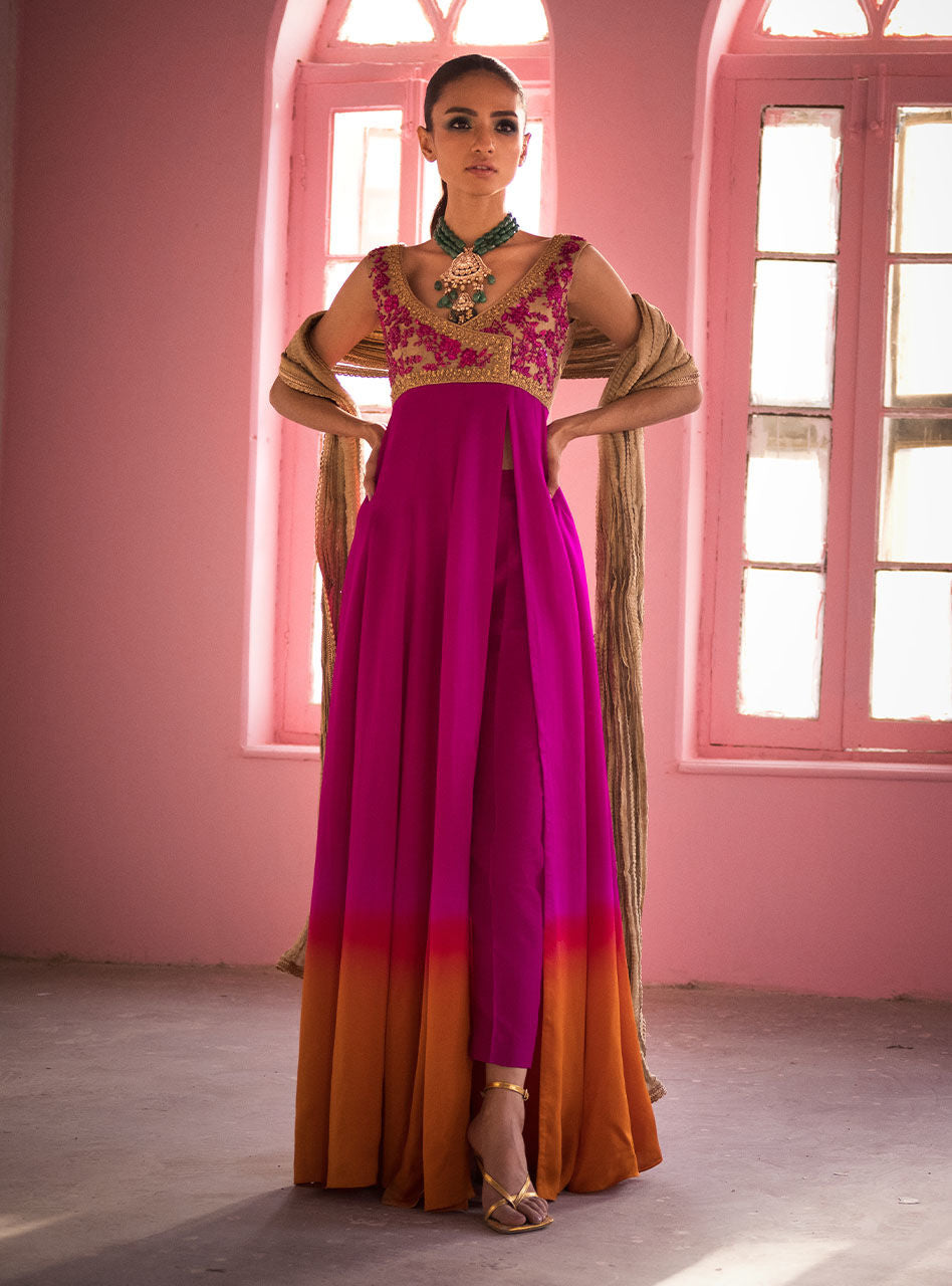 Fuchsia Amber Embroidered Silk Bustier Gown (3-Piece) - Image 1