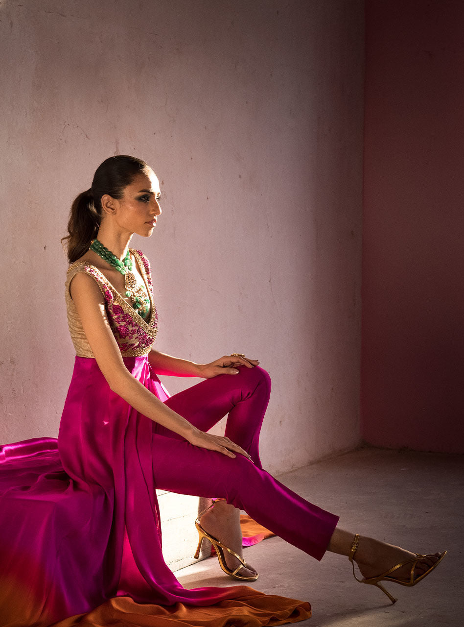 Fuchsia Amber Embroidered Silk Bustier Gown (3-Piece) - Image 7