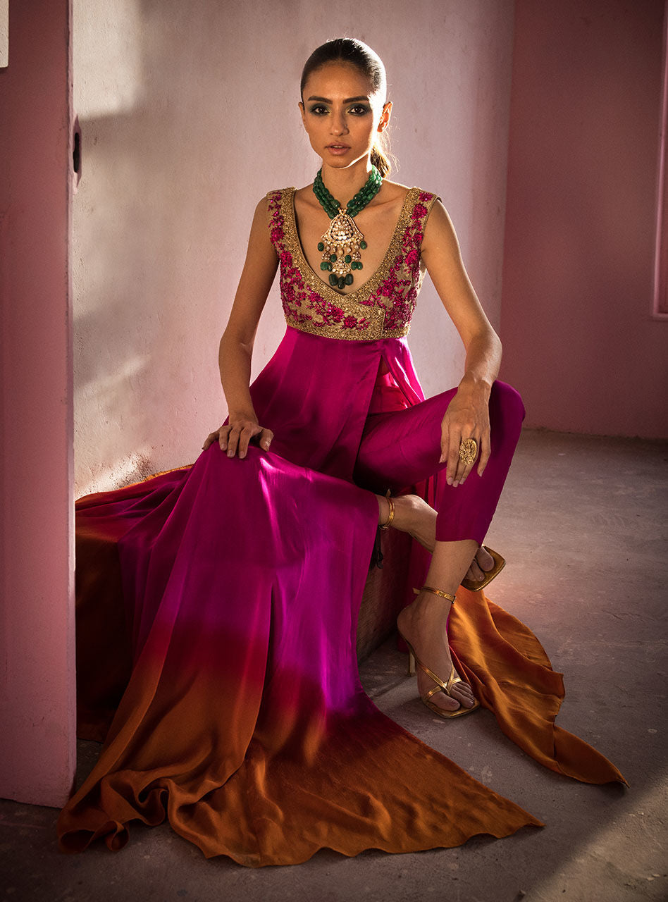 Fuchsia Amber Embroidered Silk Bustier Gown (3-Piece) - Image 8