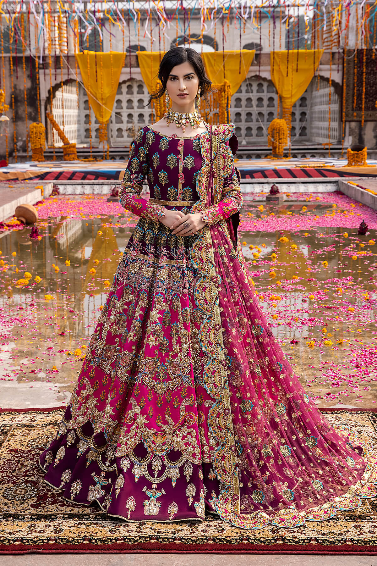 Pakistani Magenta Embellished Silk Organza Net Flared Gown (2-Piece) - Image 1