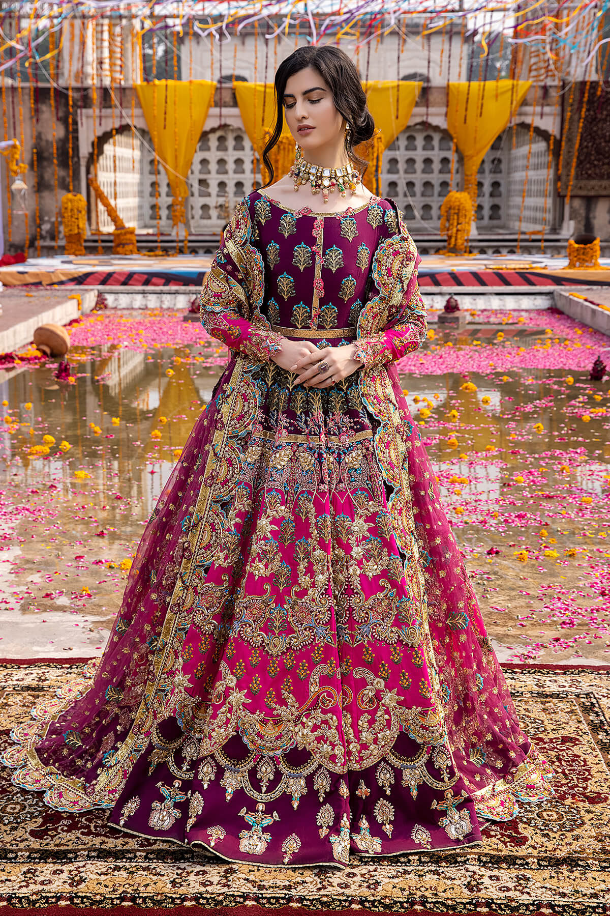 Pakistani Magenta Embellished Silk Organza Net Flared Gown (2-Piece) - Image 3