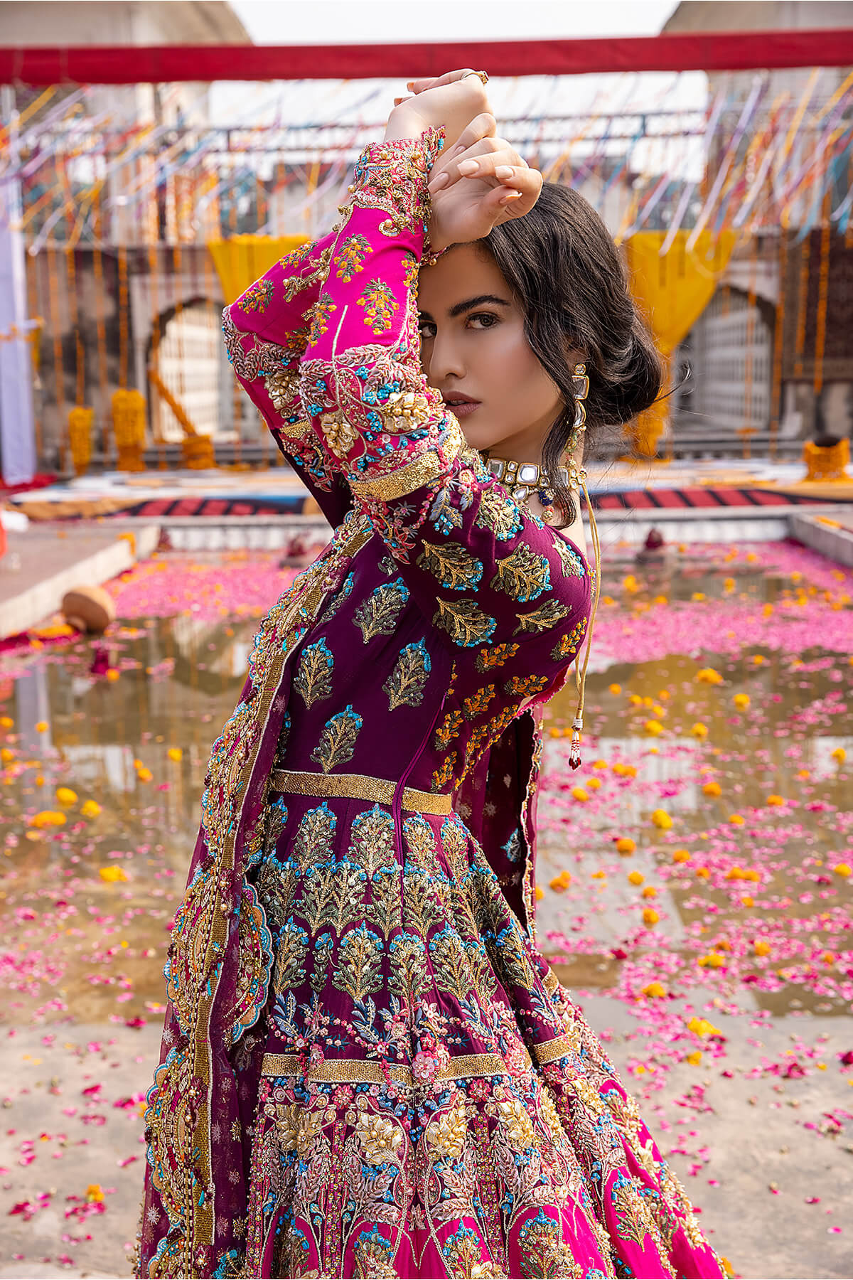 Pakistani Magenta Embellished Silk Organza Net Flared Gown (2-Piece) - Image 4