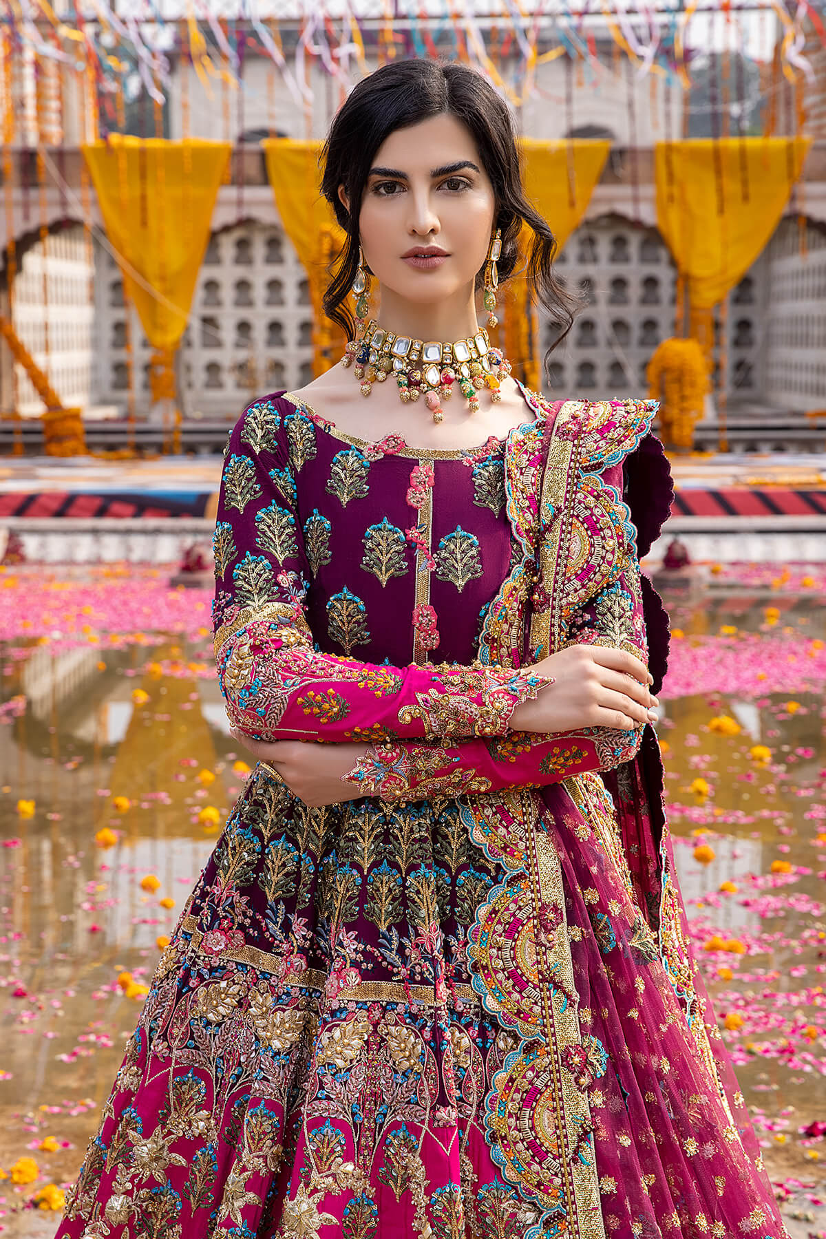 Pakistani Magenta Embellished Silk Organza Net Flared Gown (2-Piece) - Image 5