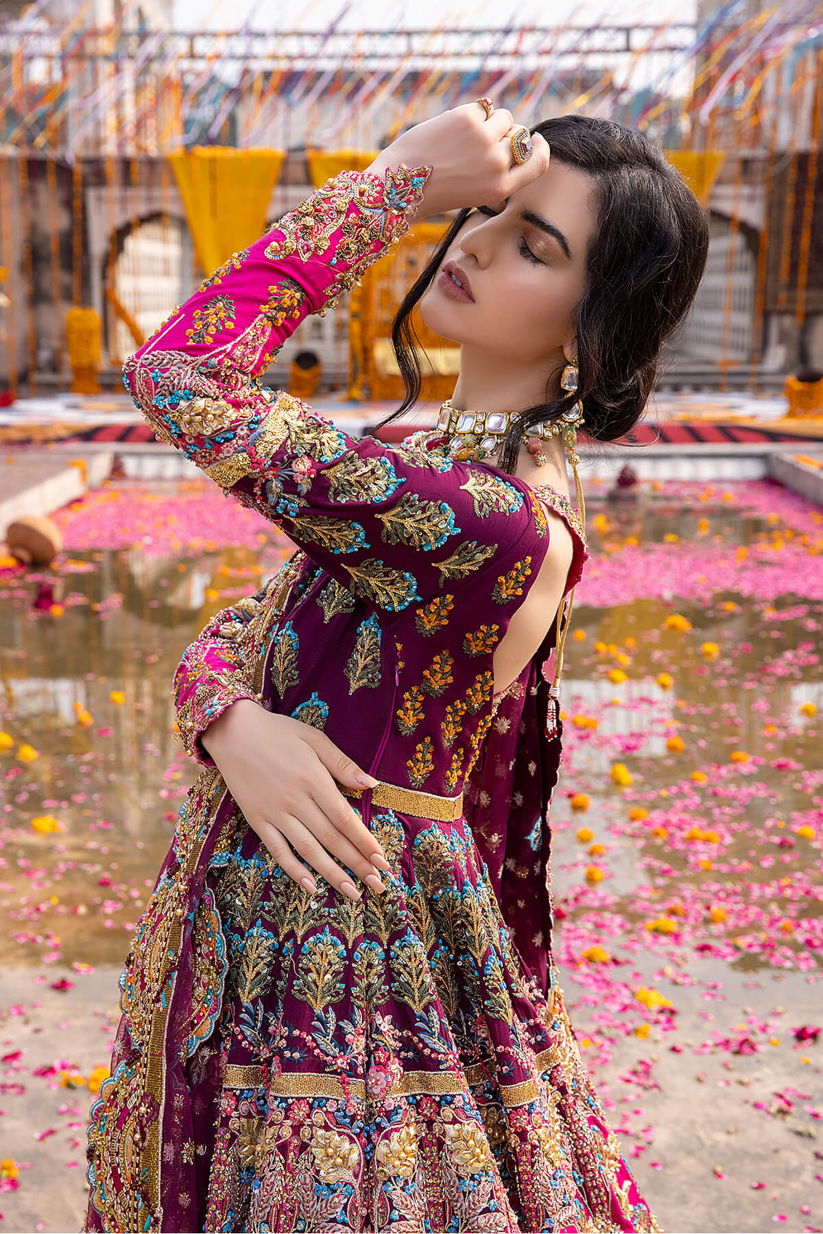 Pakistani Magenta Embellished Silk Organza Net Flared Gown (2-Piece) - Image 7