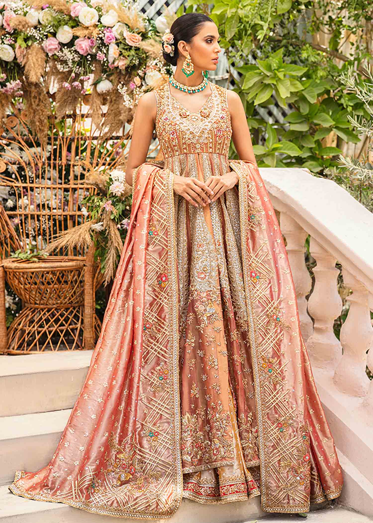 Pakistani Peach-Pink Embellished Silk-Organza Bridal Gown (2-Piece) - Image 1
