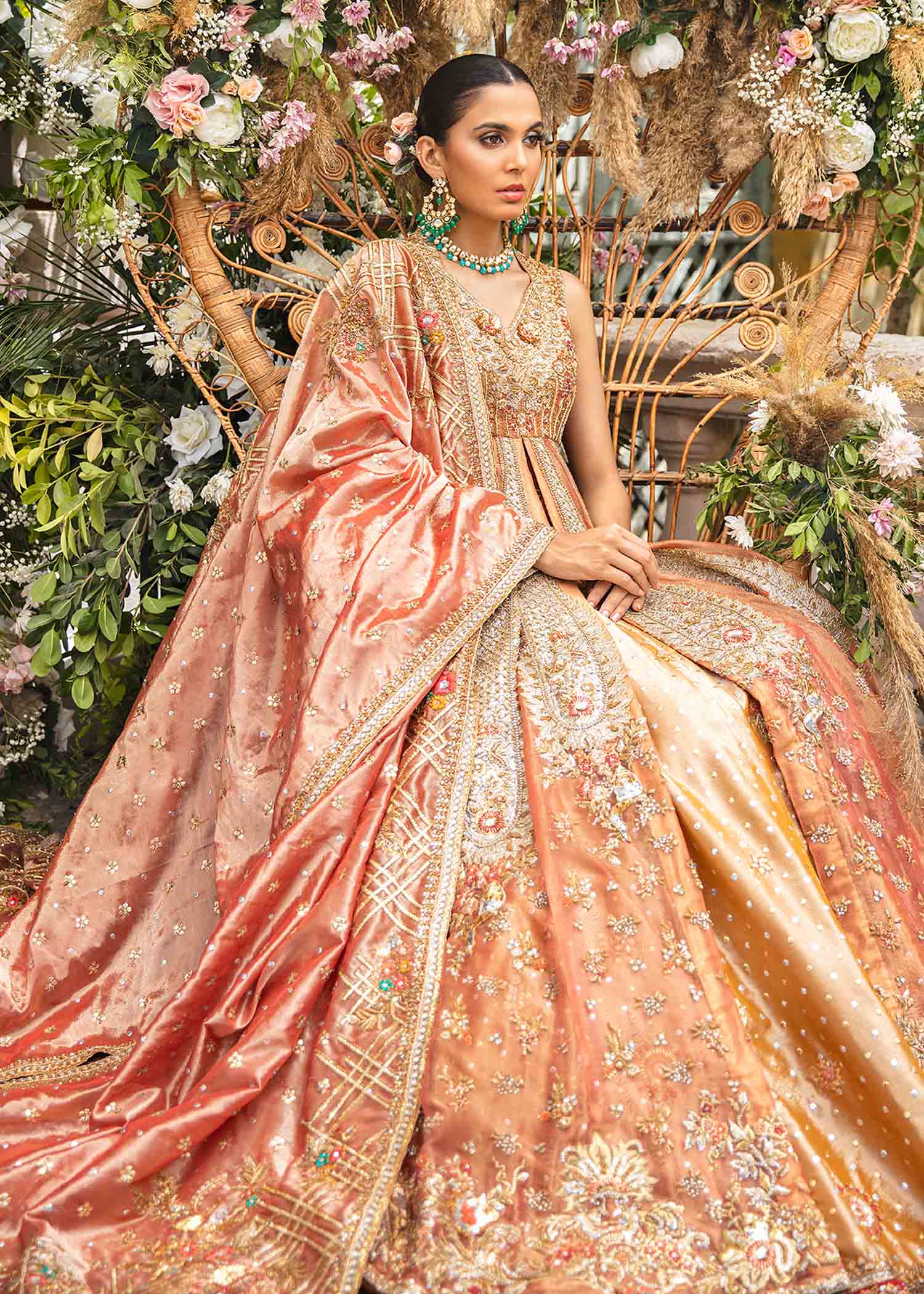 Pakistani Peach-Pink Embellished Silk-Organza Bridal Gown (2-Piece) - Image 2