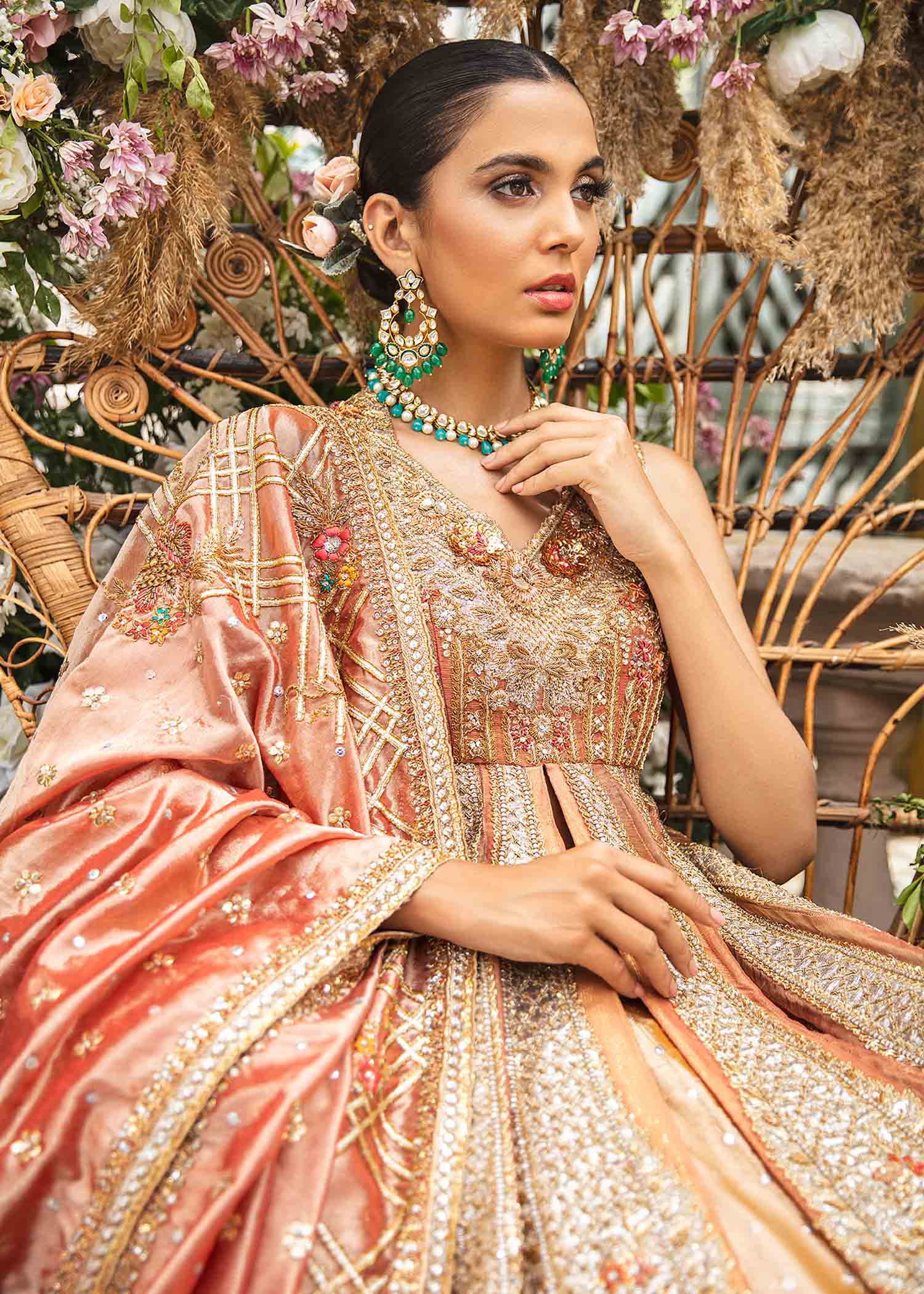 Pakistani Peach-Pink Embellished Silk-Organza Bridal Gown (2-Piece) - Image 3