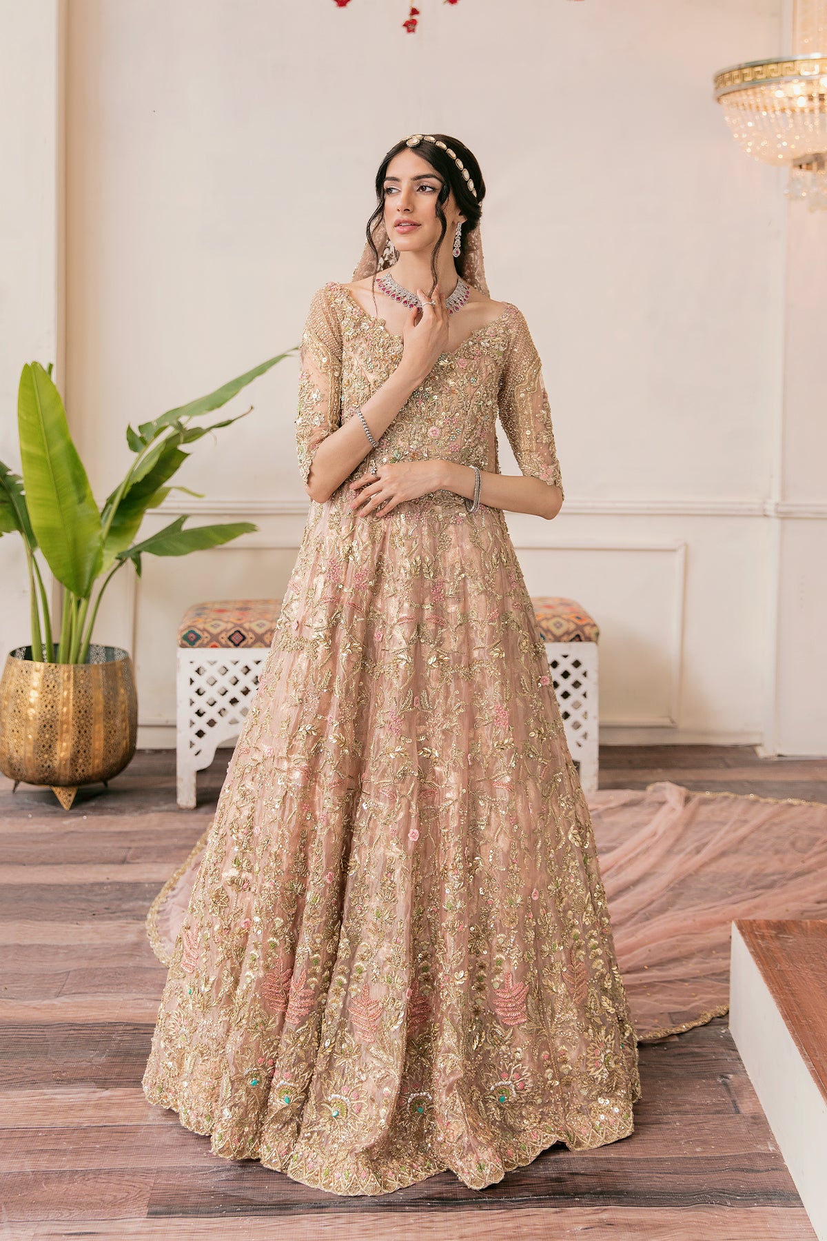 Soft Pink Dabka Resham Tissue Bridal Gown (2-Piece) - Image 1