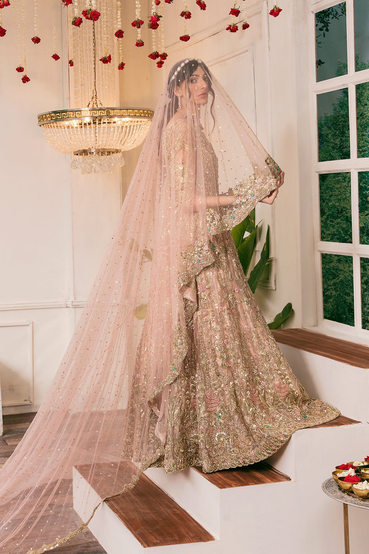 Soft Pink Dabka Resham Tissue Bridal Gown (2-Piece) - Image 2