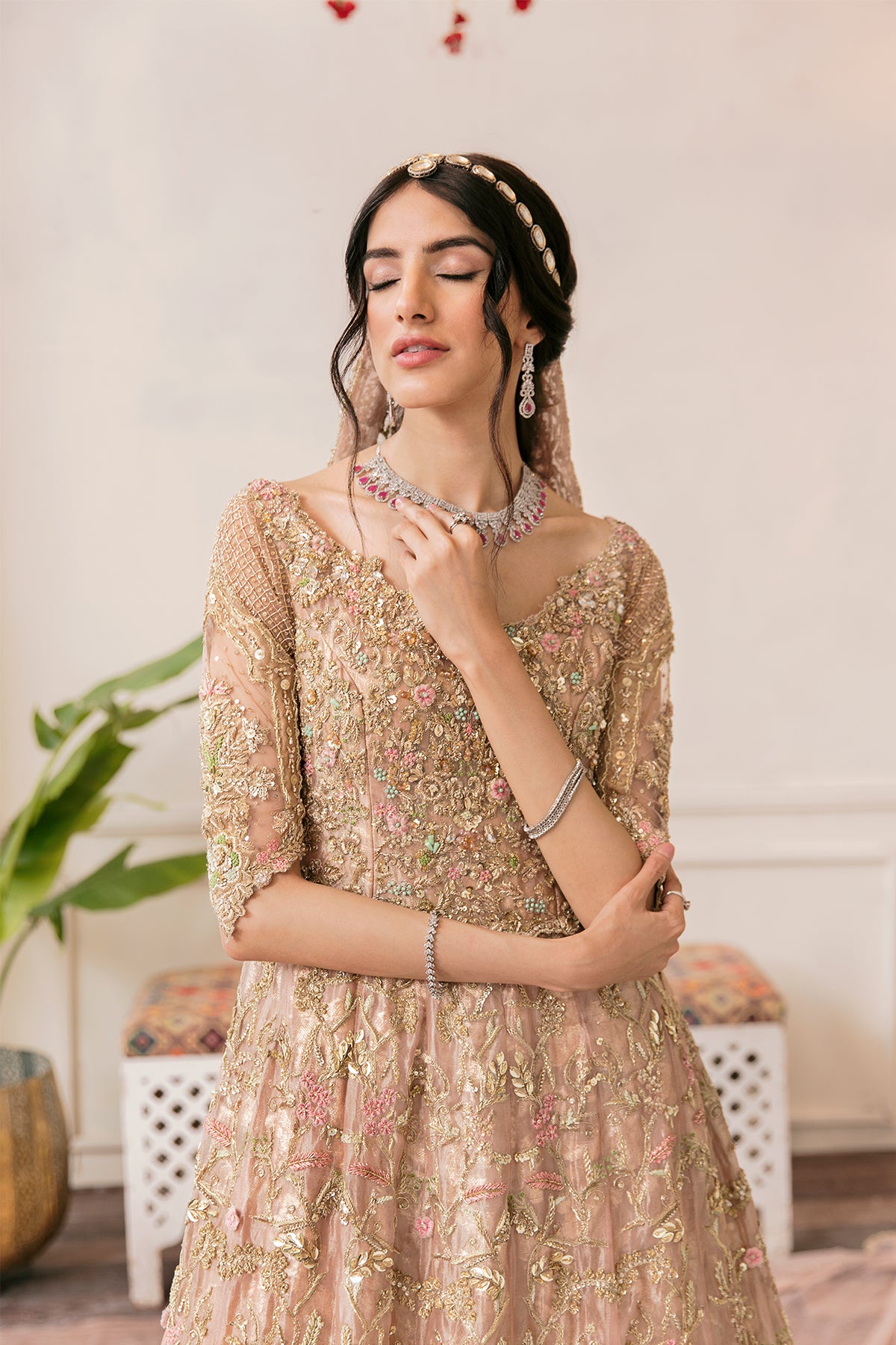 Soft Pink Dabka Resham Tissue Bridal Gown (2-Piece) - Image 3