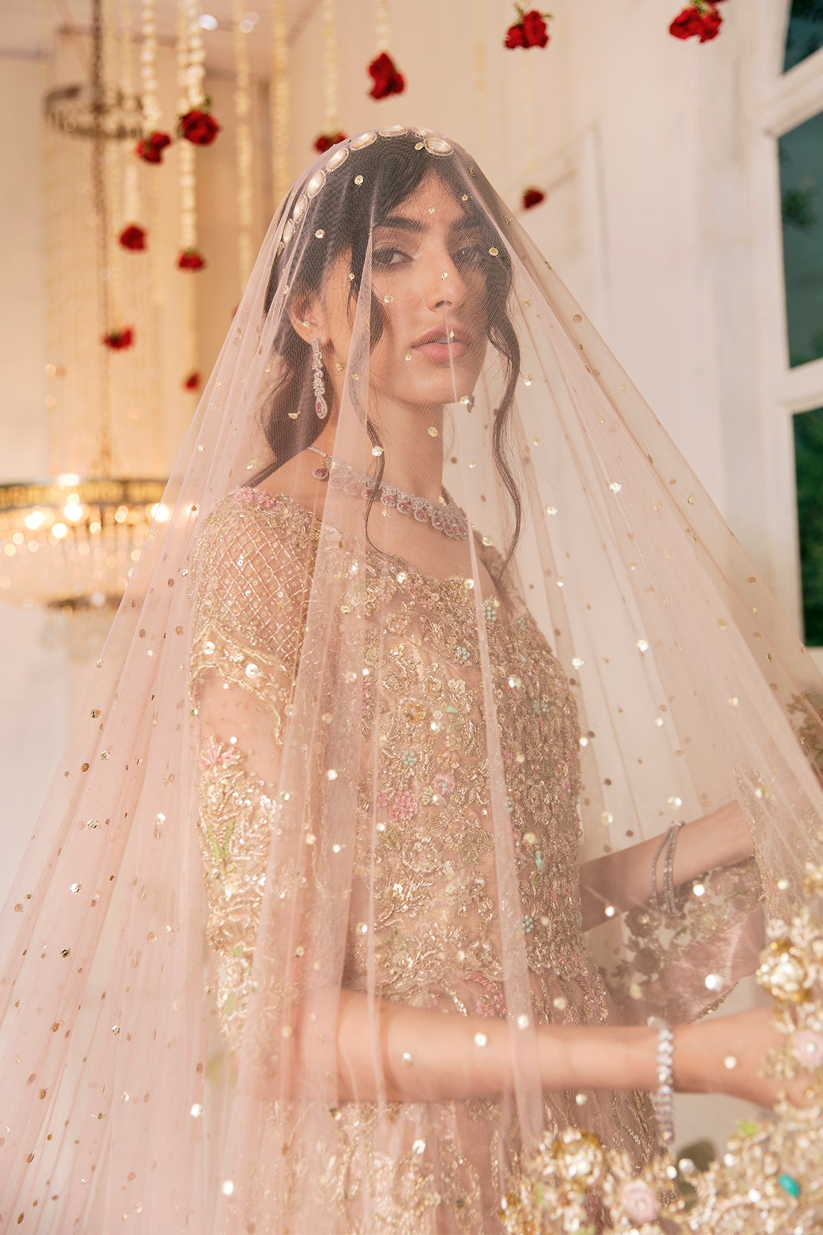 Soft Pink Dabka Resham Tissue Bridal Gown (2-Piece) - Image 4