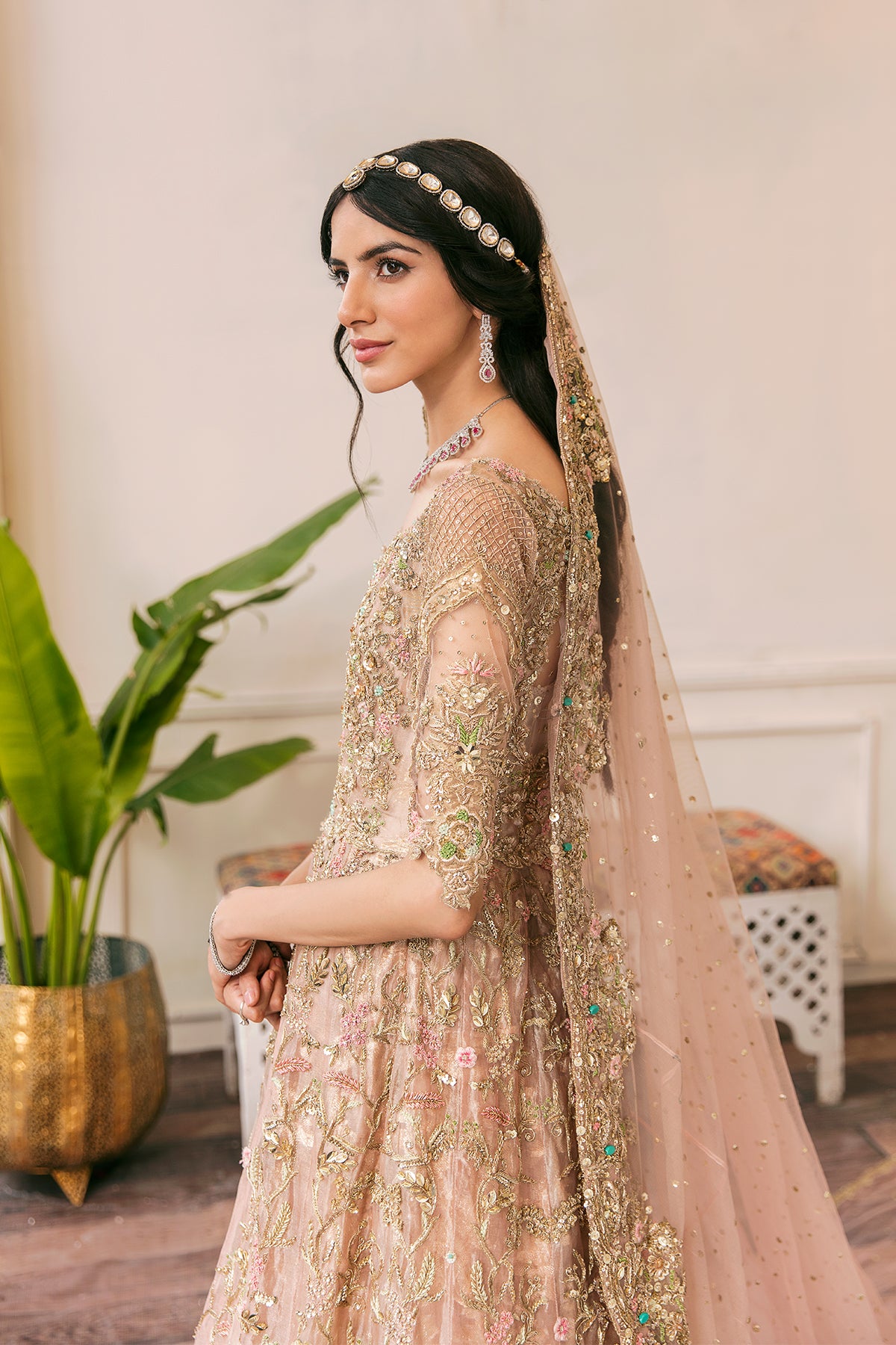 Soft Pink Dabka Resham Tissue Bridal Gown (2-Piece) - Image 5
