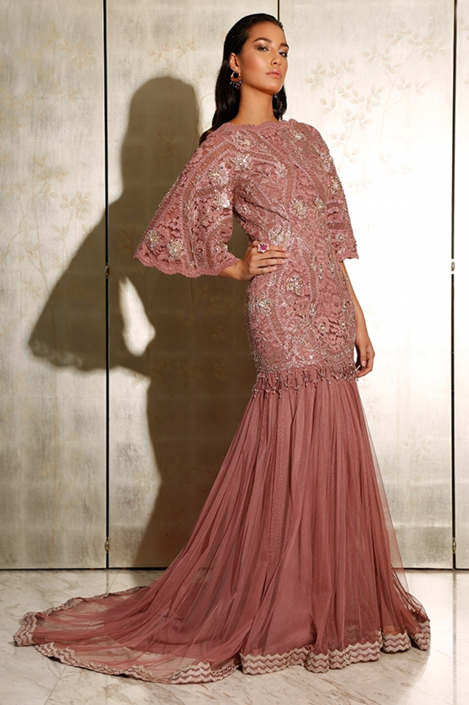 Pakistani Dusty Rose Embellished Lace Tulle Gown (1-Pc) - Image 1