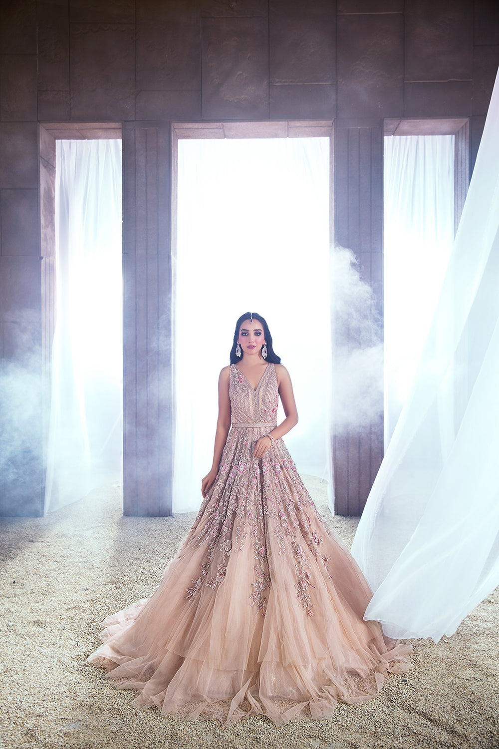 Pakistani Blush Pink Embellished Tulle Organza Bridal Maxi (1-Pc) - Image 1